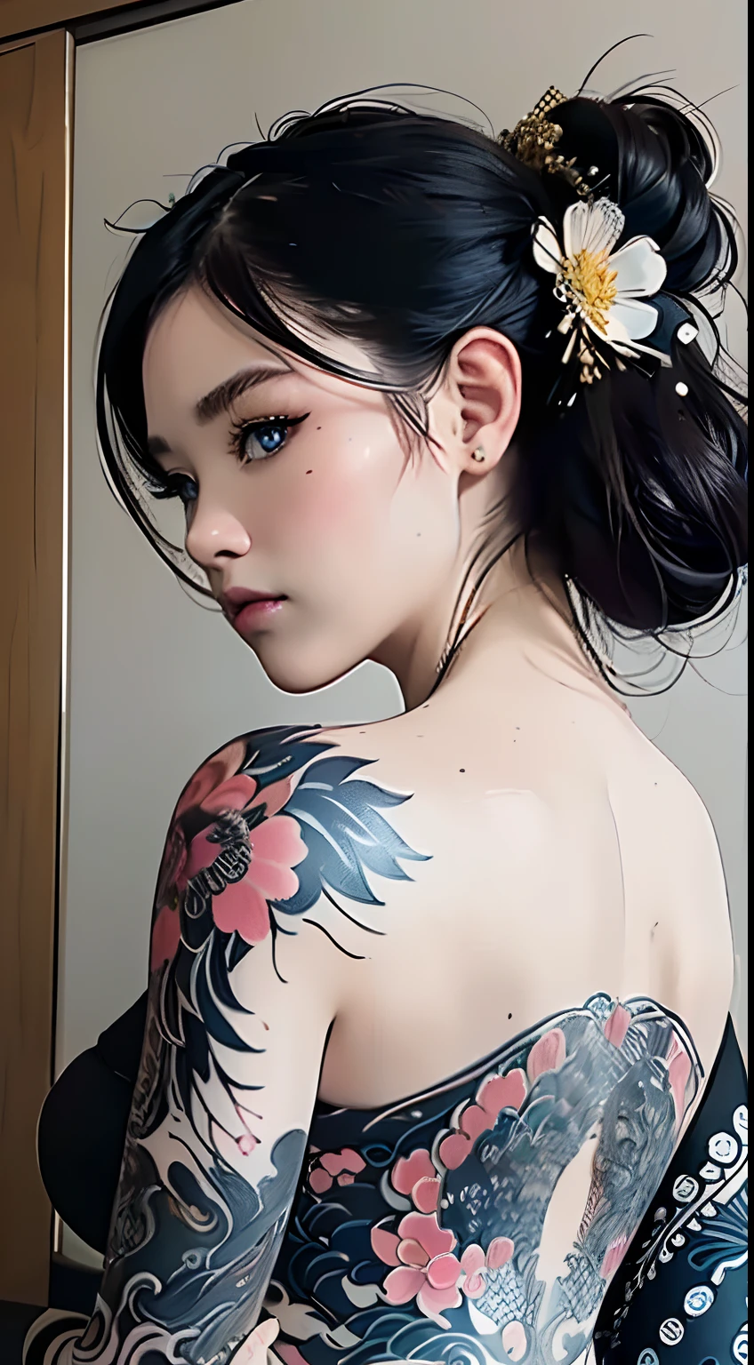 (masterpiece, top quality, best quality, official art, beautiful and aesthetic:1.2),1girl, tattoo, solo, japanese clothes,  hair ornament, unsheathing, black hair, sheath, back tattoo, blue eyes,  off shoulder, bare shoulders, looking back, from behind, flower, looking at viewer,  holding, makeup,
indoor,