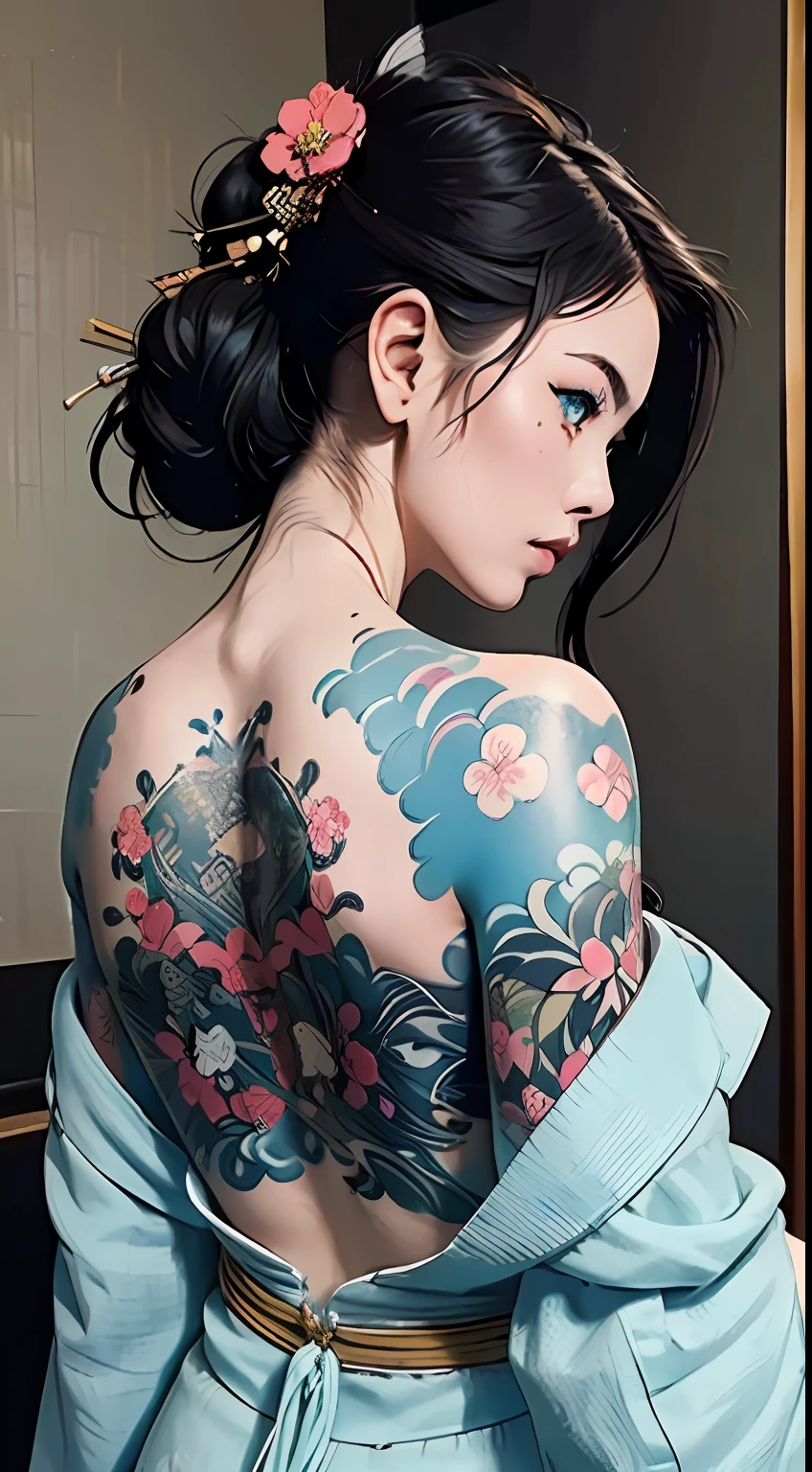 (masterpiece, top quality, best quality, official art, beautiful and aesthetic:1.2),1girl, tattoo, solo, japanese clothes, hair ornament, unsheathing, black hair, sheath, back tattoo, blue eyes, off shoulder, bare shoulders, looking back, from behind, flower, looking at viewer, holding, makeup,
indoor,