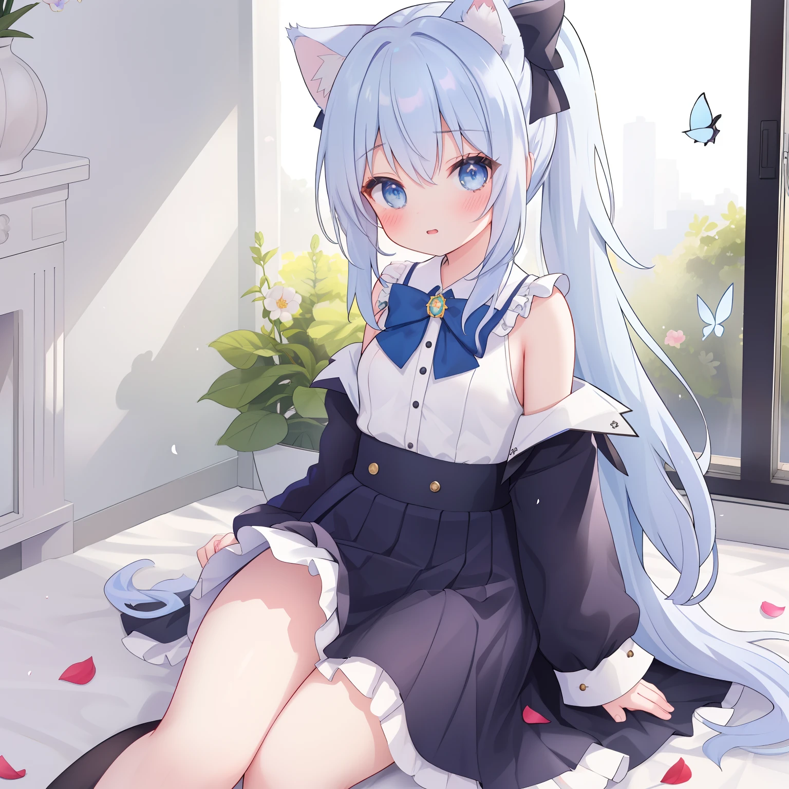 short detailed hair，Fluffy light blue，Wear a white and blue fluffy skirt，It has blue fox ears，Black extra-thick-rimmed glasses，Wearing knee-length white silk，panties visible,  This is a cute li girl