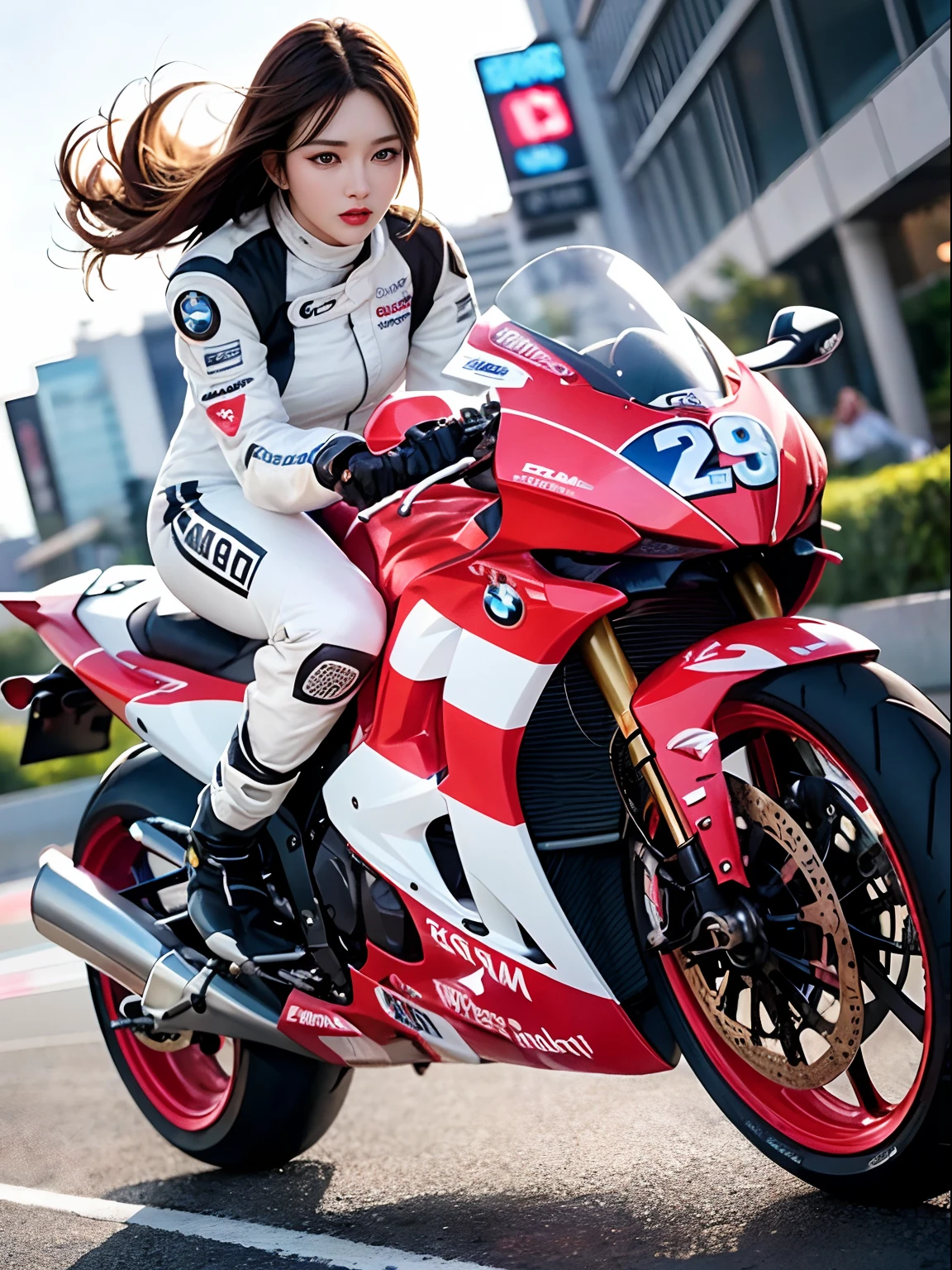 The highest image quality，Excellent detail，超高分辨率，（真实感：1.4），The best illustrations，Favor detail，Cinematic lighting，Highly concentrated，Korean star poster，1girll，exquisite and beautiful face，huge boob，Sexy pink white racing suit，Long hair，Hair flying，Hold the direction controller，(BMW streamlined motorcycle race)，riding a motorcycle，the background is a high-tech lighting scene of the city of the future。Detailed eyes，detailed nose，Detailed lips，Slender thighs，(Ultra-realistic skin texture)，White balance