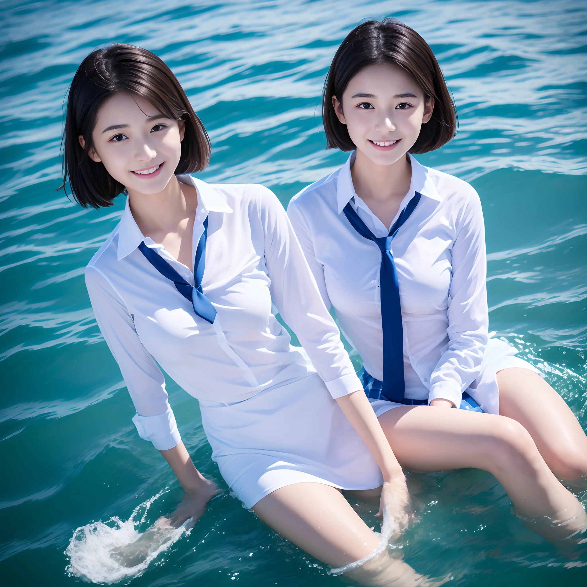 Beautiful high school student wearing school uniform by the sea，Super high value，extra very short hair，Delicate hair，Fair face and skin，Hanging water droplets，Happy playing in the water，Large breasts，Chest hyperexcion，perfect body figure，The sea is crystal clear