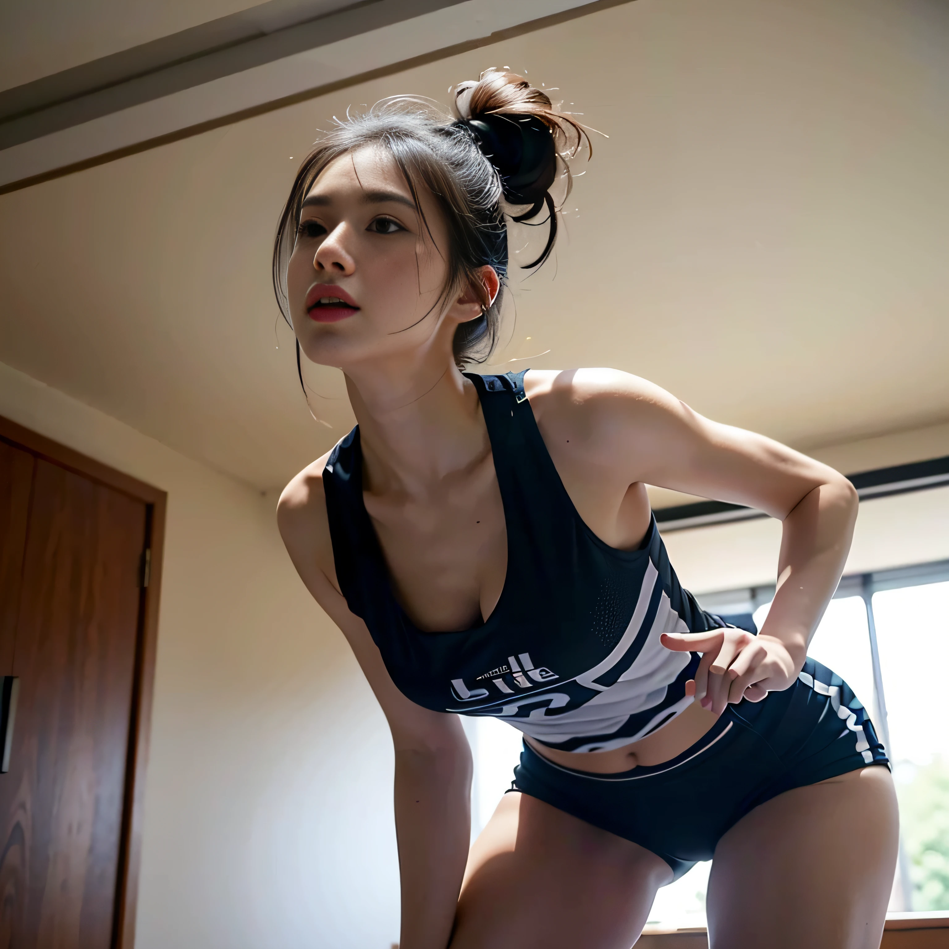 ((tmasterpiece, best qualtiy)),A highly detailed,8K,realistic focus,intricately details,Big Chinese Girl,Female volleyball player,Women's volleyball uniform,Wearing the number 9 shirt,Socks on the knees,(((volleyball field))),A tall man,long leges,pony tails,Cocked ass,(((Small breasts))),chest muscle,Open your clothes,Expose breasts exposed,looking chest,Vistas,sturdy body,Sexy and strong,Detailed abs,Detailed muscle lines,nipplestits,dynamicposes,Greasy body,sweating body,Normal body proportions,Normal face,Normal hands,frontage,fully body photo,High image,Look from the bottom up,From the bottom down,