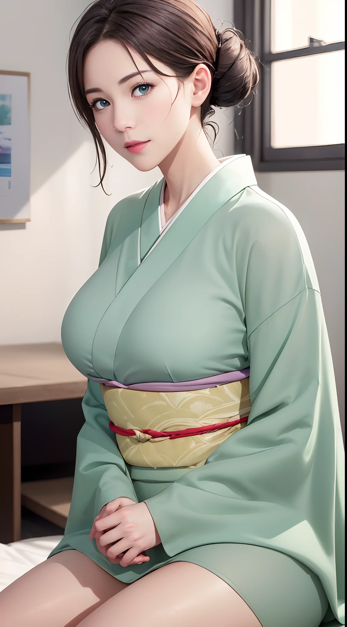 (Night:1.7), Japan, Tokyo, CityView, Before Window,
Standing at attention, Sitting on tatami,
Green_japanese clothes,kimono, yakata, 
 low_ponytail,brown eyes,brown hair, bangs,Hair_bun,
1 girl, 20yo,mature female,Beautiful Finger,Beautiful long legs,Beautiful body,Beautiful Nose,Beautiful character design, perfect eyes, perfect face,
looking at viewer, in the center of the image,
NSFW,official art,extremely detailed CG unity 8k wallpaper, perfect lighting,Colorful, Bright_Front_face_Lighting,
(masterpiece:1.0),(best_quality:1.0), ultra high res,4K,ultra-detailed,
photography, 8K, HDR, highres, absurdres:1.2, Kodak portra 400, film grain, blurry background, bokeh:1.2, lens flare, (vibrant_color:1.2)
(Beautiful,Large_Breasts:1.6), (beautiful_face:1.5),(narrow_waist),