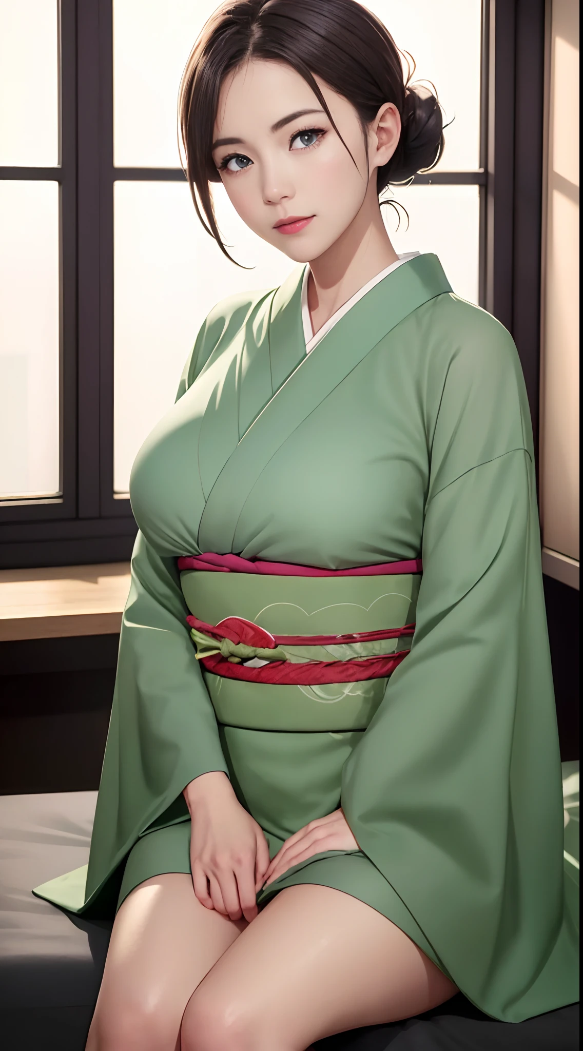 (Night:1.7), Japan, Tokyo, CityView, Before Window,
Standing at attention, Sitting on tatami,
Green_japanese clothes,kimono, yakata, 
 low_ponytail,brown eyes,brown hair, bangs,Hair_bun,
1 girl, 20yo,mature female,Beautiful Finger,Beautiful long legs,Beautiful body,Beautiful Nose,Beautiful character design, perfect eyes, perfect face,
looking at viewer, in the center of the image,
NSFW,official art,extremely detailed CG unity 8k wallpaper, perfect lighting,Colorful, Bright_Front_face_Lighting,
(masterpiece:1.0),(best_quality:1.0), ultra high res,4K,ultra-detailed,
photography, 8K, HDR, highres, absurdres:1.2, Kodak portra 400, film grain, blurry background, bokeh:1.2, lens flare, (vibrant_color:1.2)
(Beautiful,Large_Breasts:1.6), (beautiful_face:1.5),(narrow_waist),