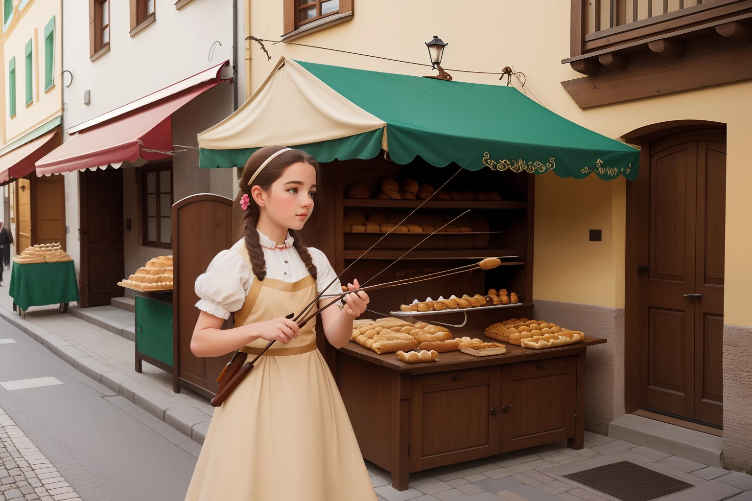 Date: 2010
Country: Austria
Description: On a sunlit Austrian street, a teenage Austrian girl practices precision archery with a vintage bow, her pastel dress and quiver adding an elegant touch. Meanwhile, an adult Austrian pastry chef expertly crafts delicate strudel pastries in an outdoor market, showcasing the country's culinary prowess and adding an aromatic layer to the atmosphere.