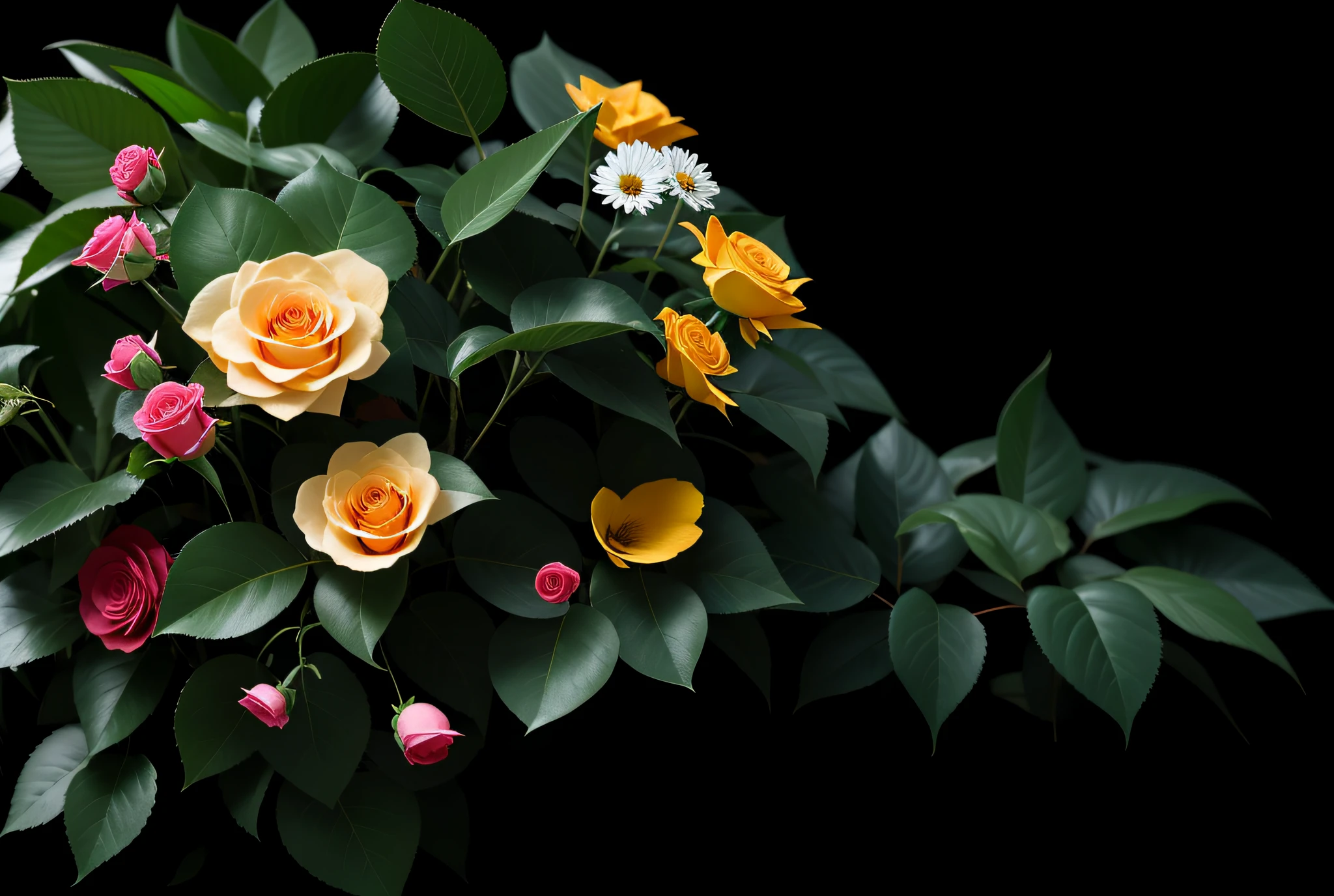 There are many different types of flowers in the pastoral, the platonic ideal of flowers, flowers and foliage, surreal waiizi flowers, floral environment, nature and floral aesthetics, ( Ultra photo realsisim ), floral growth, Flowers and plants,Rose rose leaves,rays of sunshine