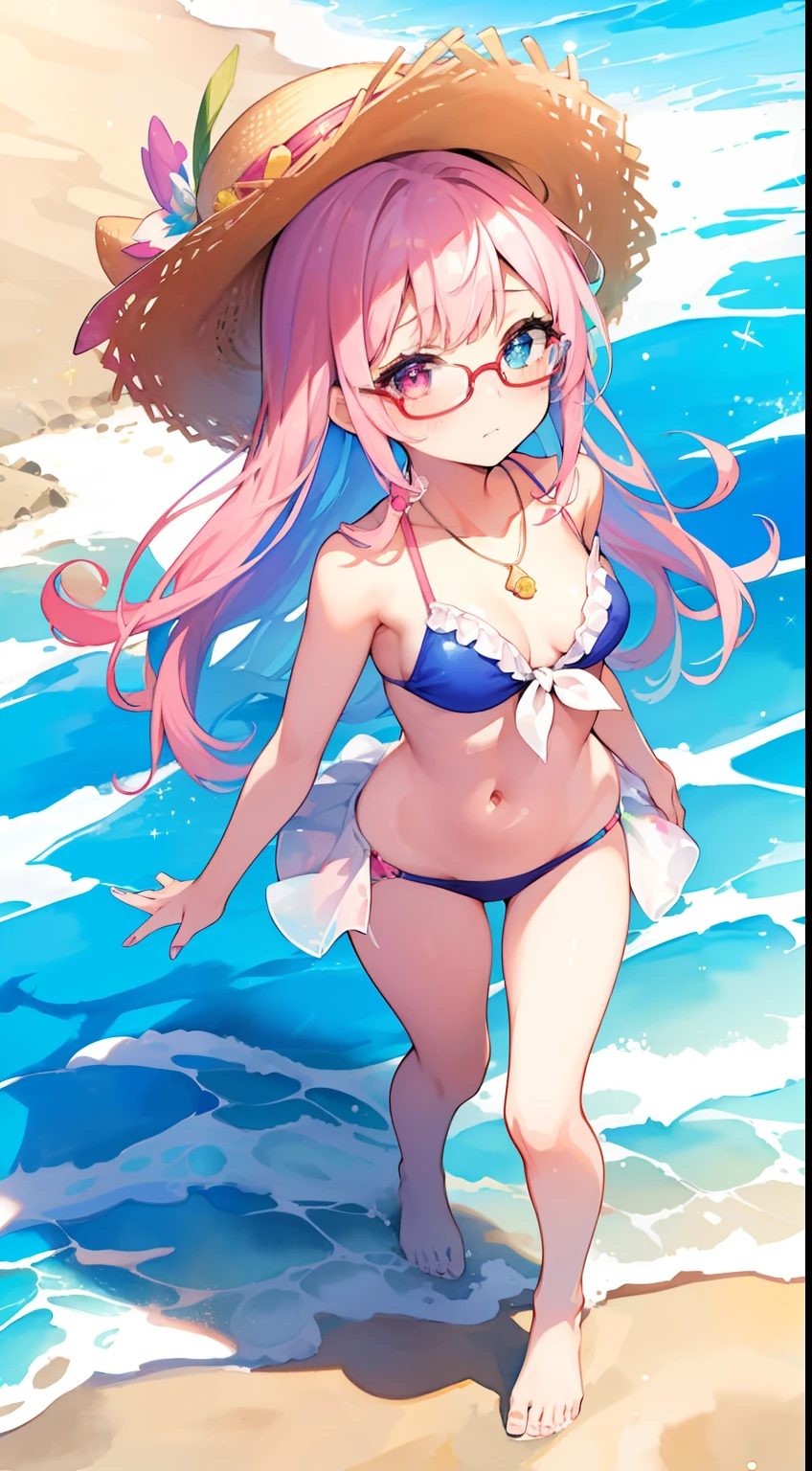 ((Masterpiece, Highest Quality, Best Quality, Watercolor Art (Pendant), Official Art, Beautiful and Aesthetic: 1.2)), (1 Girl: 1.3), (Fractal Art: 1.3), Full Body, (Glitter Pupil)), Pattern, (iridescent hair, Colorful hair, half blue and half pink hair: 1.2)), Colorful, Glasses, Writing, Heterochromia, (Colorful: 1.5), (Swimsuit)), (( straw hat)), sea, sand, sunny weather, beach ball, ((shy face))