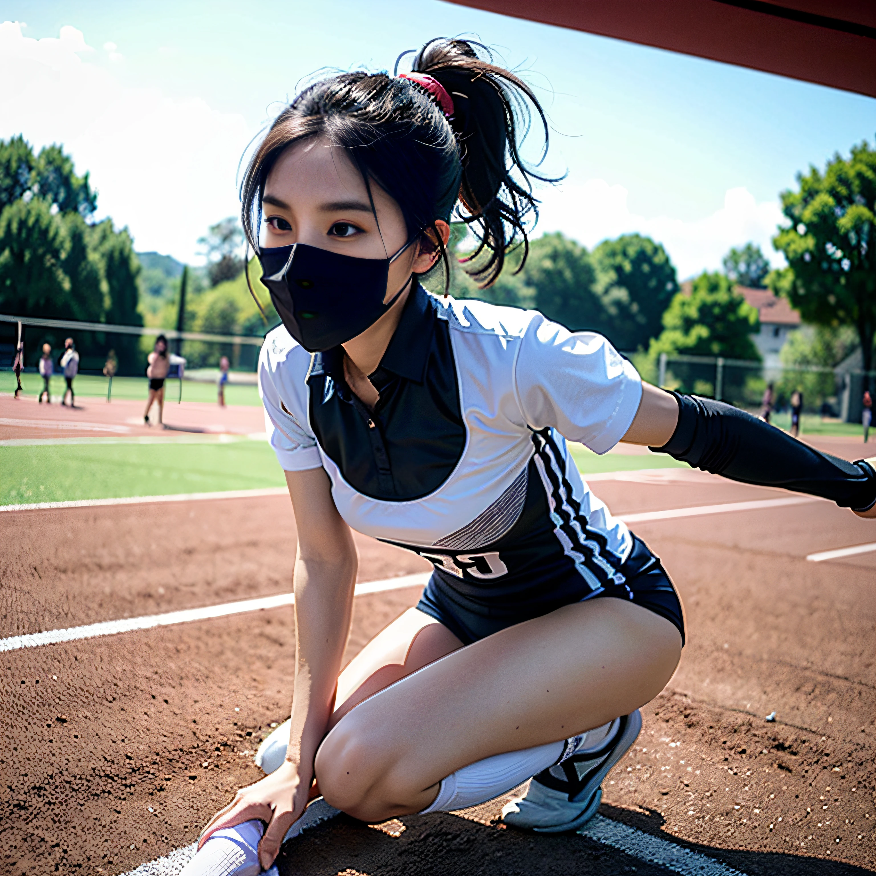 ((tmasterpiece, best qualtiy)),A highly detailed,8K,realistic focus,intricately details,Big Chinese Girl,Female volleyball player,Women's volleyball uniform,Wearing the number 9 shirt,Socks on the knees,(((volleyball field))),A tall man,long leges,pony tails,Cocked ass,(((Small breasts))),chest muscle,Open your clothes,Expose breasts exposed,looking chest,Vistas,sturdy body,Sexy and strong,Detailed abs,Detailed muscle lines,nipplestits,dynamicposes,Greasy body,sweating body,Normal body proportions,Normal face,Normal hands,frontage,fully body photo,High image,Look from the bottom up,From the bottom down,