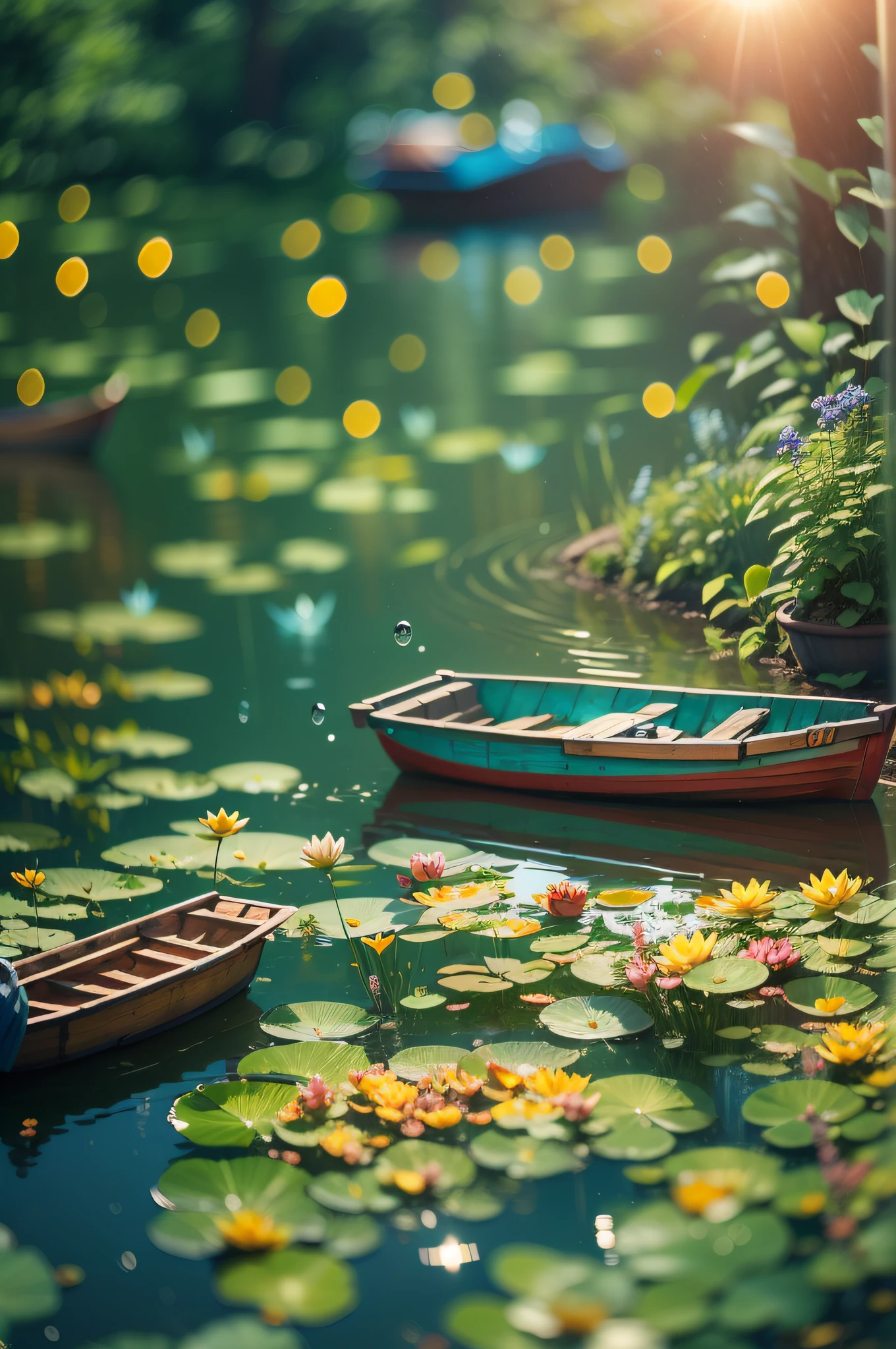 wall-paper、Summer pond、chii、Colorful colorful boats、Afternoon sun、pond background、depth of fields、Hot weather、high resolution details、Wet watermark、ultra-detailliert、filmg、surrealism、Soft light、Deep field focus bokeh、Ray traching、diffused(Ultra-fine glass reflection)、surrealism。 --v6