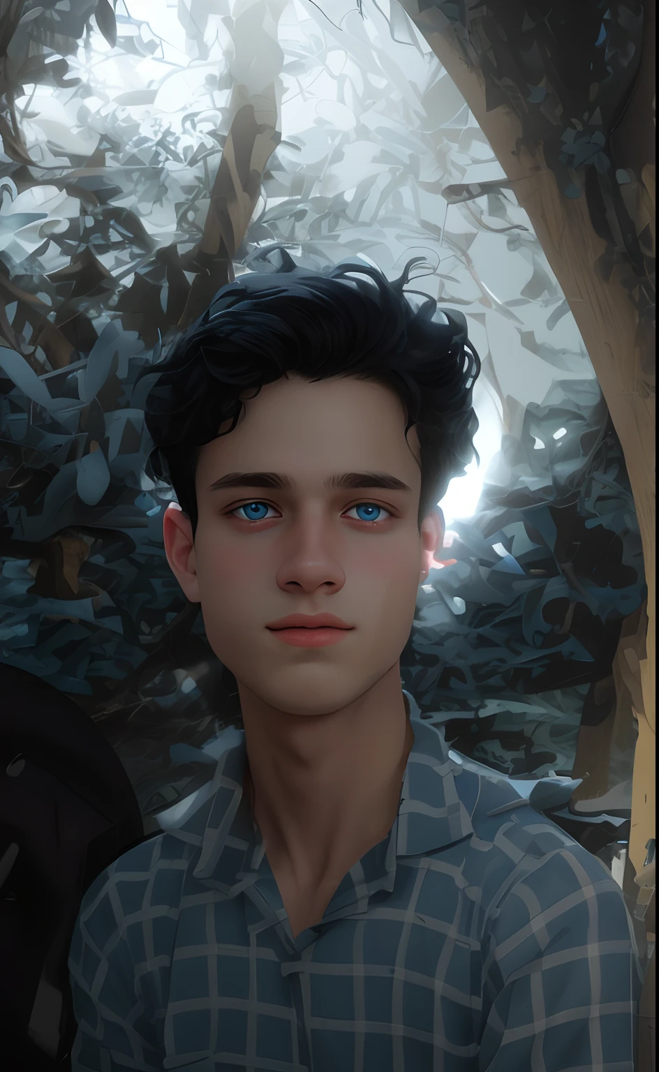 A 18-year-old man, curly black hair, blue eyes, ((soft lighting)), ((extremely detailed)), award-winning digital art, 4k