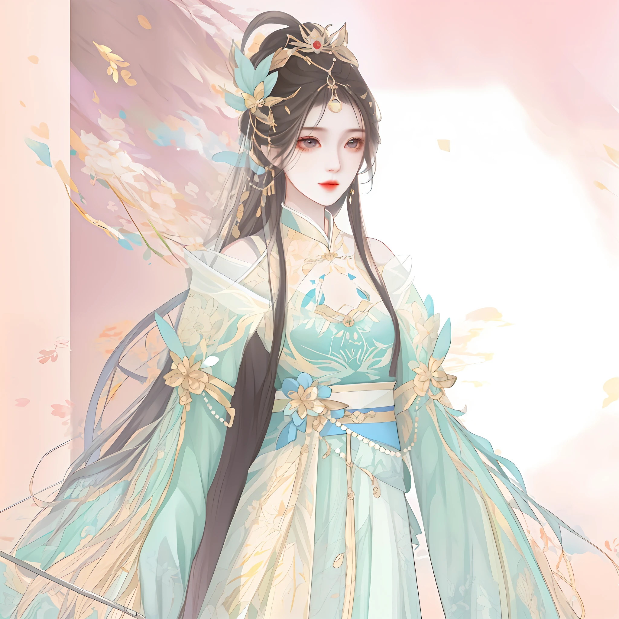 A beautifully asian female character in a flowing, elaborate hanfu. She has long, dark hair adorned with flowers and gold accents, and her attire is hanfu which features soft pink and white colors with intricate patterns. Her dress is designed with billowing sleeves and ribbons that swirl elegantly around her. (((Sexy pose))), sitting on the ground with her arms outstretched, high detailed official artwork, onmyoji portrait, full body xianxia, anime woman fullbody art, character artwork, full art, full - body artwork