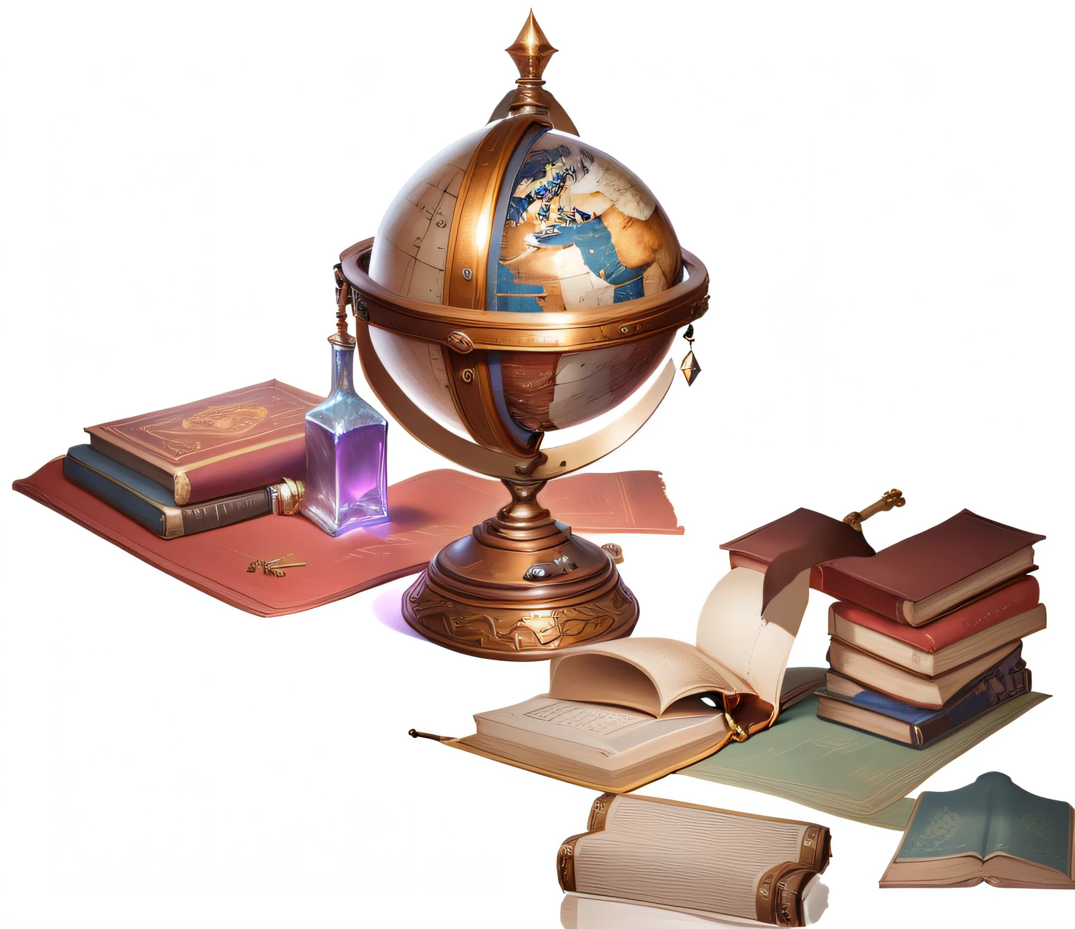 A close-up of a globe,There were books and a bottle of wine inside, alchemist library background, encyclopedia illustration, library of ruina concept art, arte de fundo, object concept art, library background, magic laboratory setting, Detailed fanart, overdetailed art, item art, fantasy alchemist laboratory, Detailed game art, game assets, borne space library artwork, vijay jayant props