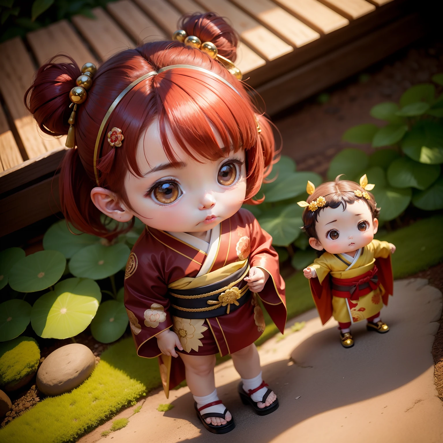 Cute Chibi Anime,Red and gold kimono,Japanese style hair ornaments,Standing,Joaquin Antonio Uribe Botanical Garden.