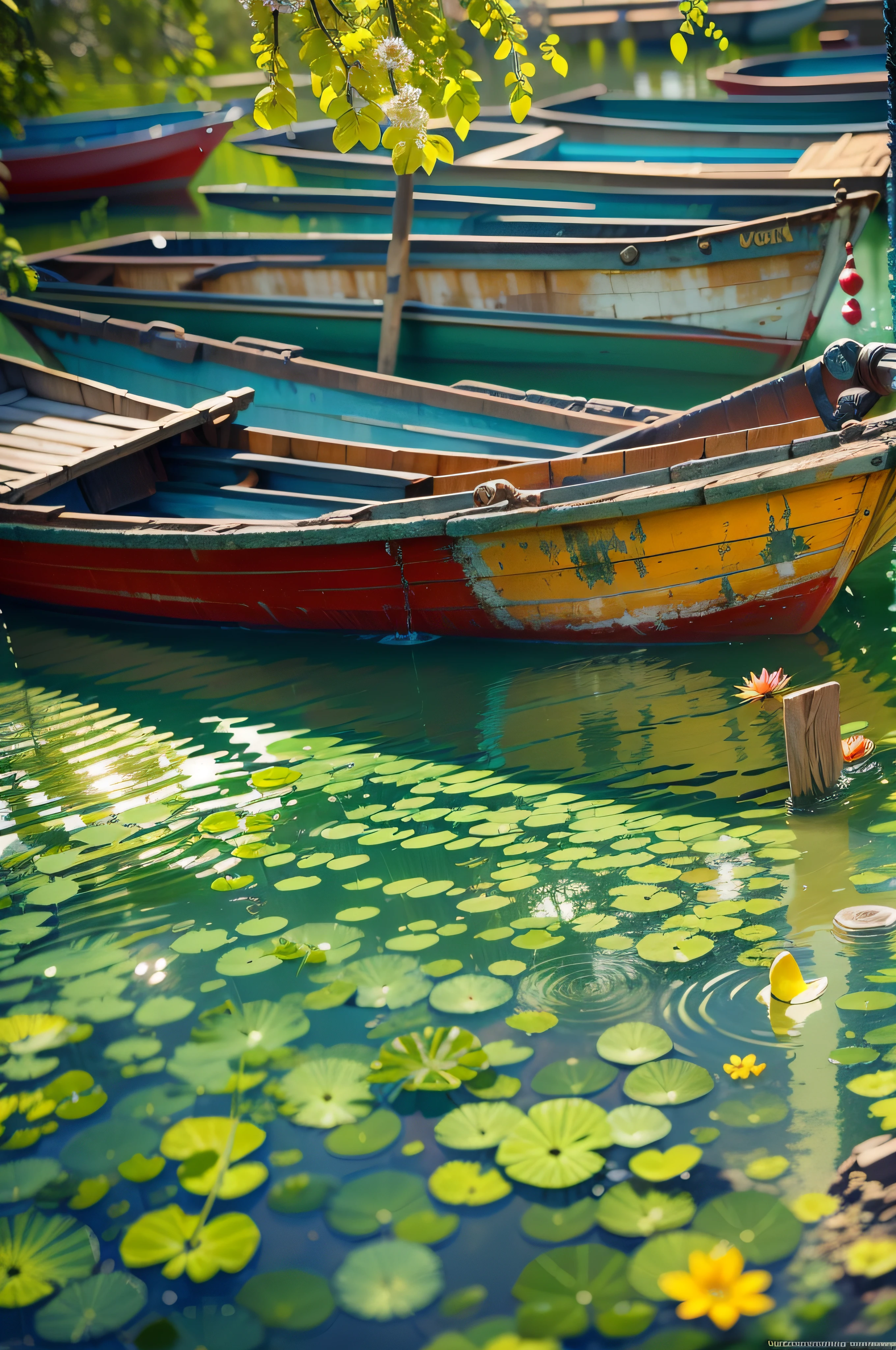 wall-paper、Summer pond、chii、Colorful colorful boats、Afternoon sun、pond background、depth of fields、Hot weather、high resolution details、Wet watermark、ultra-detailliert、filmg、surrealism、Soft light、Deep field focus bokeh、Ray traching、diffused(Ultra-fine glass reflection)、surrealism。 --v6