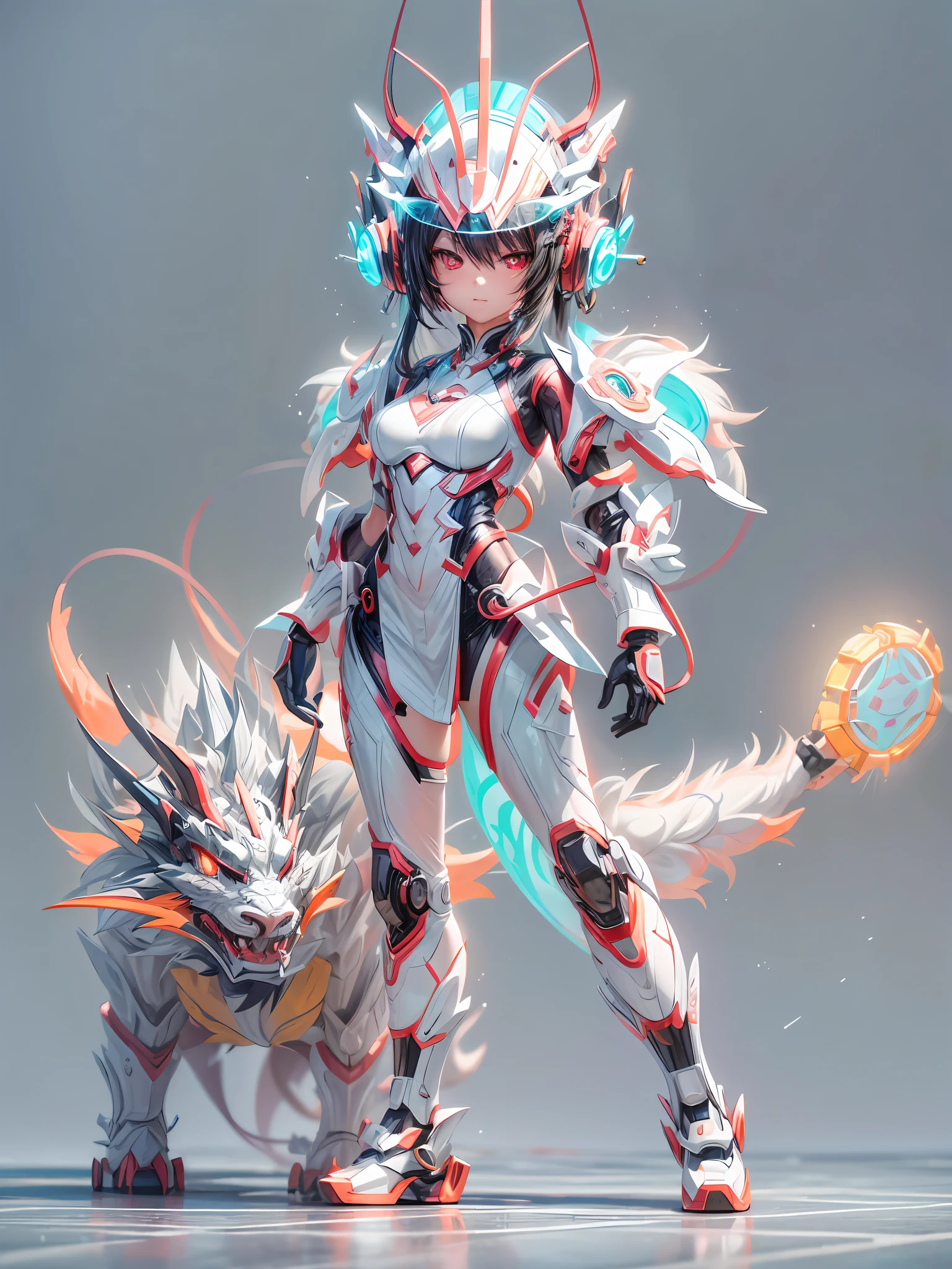 chinesedragon, (blind box toy style:1.2), (Full Body Shot) ,  1 Transparent girl,Behind him is a transparent and  Chinese dragon, Transparent mecha, Exquisite Helmet:1.2, glowing goggles:1.2, Cyberpunk, Dreamy Glow, Luminous neon lamp, clean, white background, ( Global illumination, raytracing, HDR, unreal render,reasonable design, high detailed, masterpiece, best quality, UHD, Cinematic Lighting)