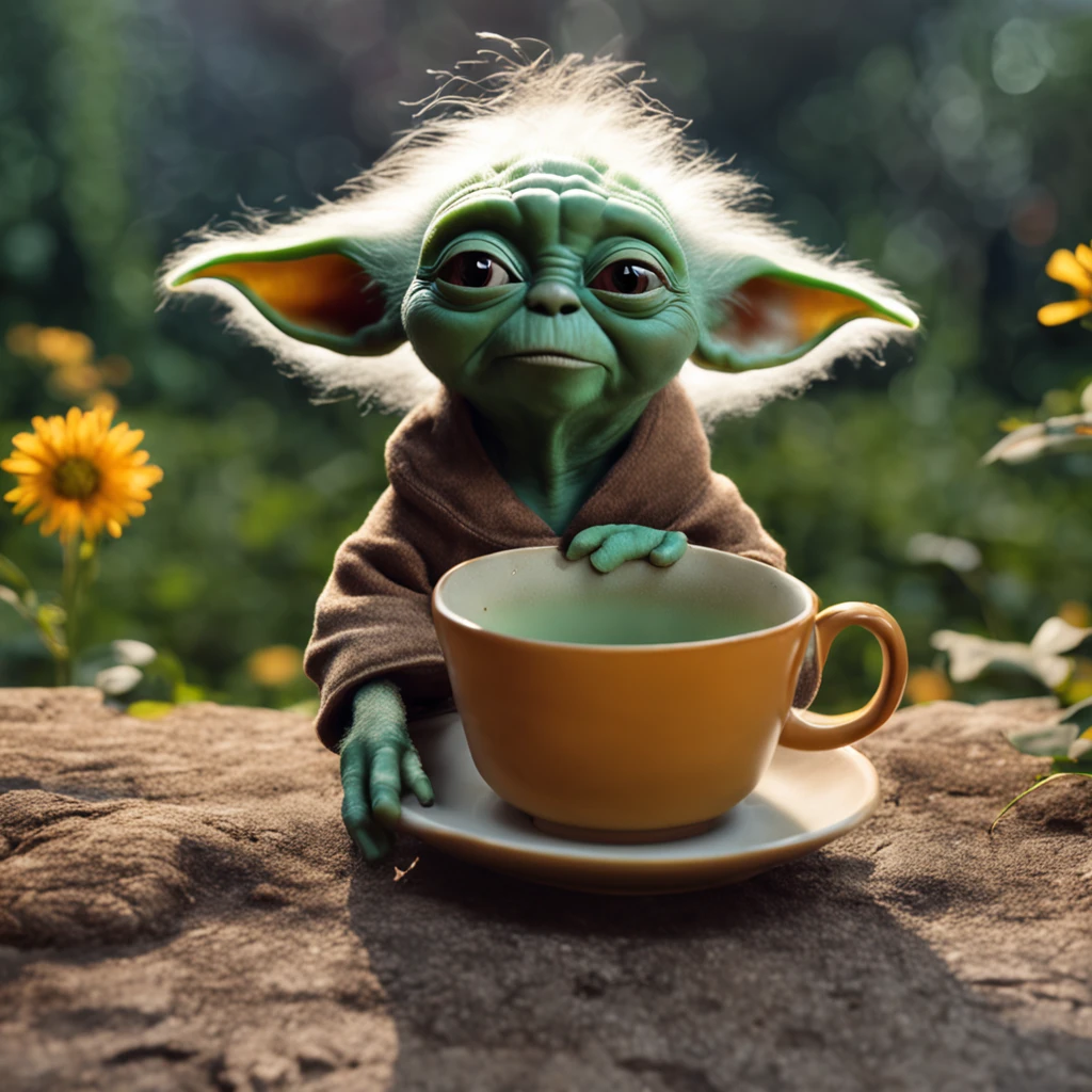 A dog that looks like Yoda is sipping tea.