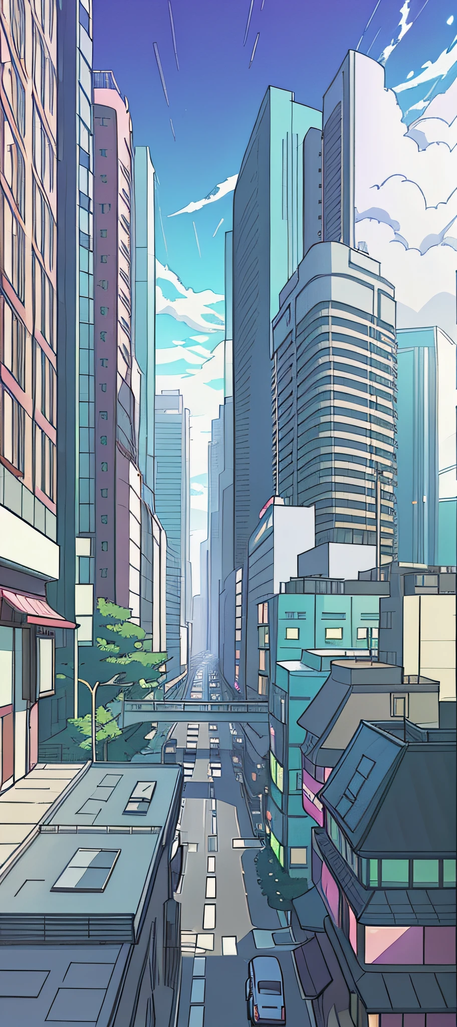 There is a picture of a city street，High-rise buildings, hd anime cityscape, anime style cityscape, tokyo anime anime scene, Anime background art, Anime landscape concept art, neo tokyo background, Makoto Shinkai's style, Street background, urban concept art, anime backgrounds, in the style of makoto shinkai, city street view background, Anime landscapes