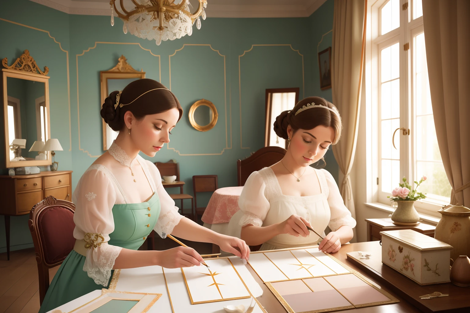 Date: 2023
Country: Austria
Description: In an artfully decorated Austrian art studio, an adult Austrian woman carefully restores an antique piece of Viennese porcelain. The studio's pastel palette and vintage furnishings evoke a sense of history and sophistication. As she works, the sunlight filters through lace curtains, casting delicate patterns on her meticulous restoration work.
