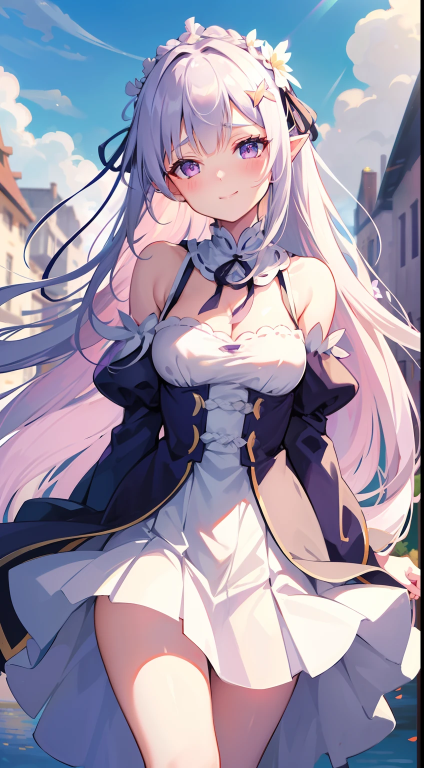 Emilia
masterpiece, best quality,
1girl, bangs, bare_shoulders, blunt_bangs, blurry, blurry_background, blurry_foreground, blush, braid, breasts, cleavage, closed_mouth, cloud, crown_braid, day, depth_of_field, detached_sleeves, dress, emilia_\(re:zero\), eyebrows_visible_through_hair, flower, gem, hair_flower, hair_ornament, hair_ribbon, lens_flare, long_hair, looking_at_viewer, low-tied_long_hair, medium_breasts, one_eye_closed, outdoors, pleated_skirt, pointy_ears, purple_eyes, purple_ribbon, ribbon, silver_hair, skirt, sky, smile, solo, very_long_hair, white_flower
