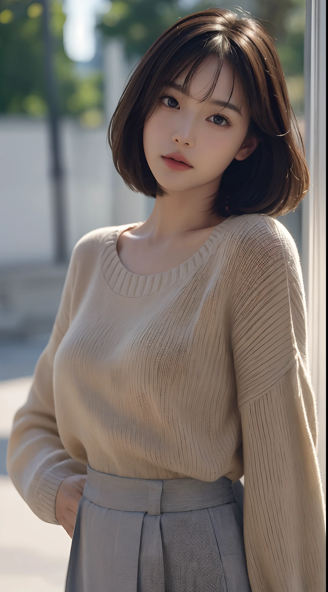 Masterpiece, Best picture quality, High quality, Beautiful Japanese girl, Cute, Intaglio idol diagram, Detailed, Detailed eyes, Detailed skin, Beautiful skin, 超A high resolution, (reality: 1.4),Very beautiful, Slightly younger face, Beautiful skin, Slender, (Ultra photo realsisim), (A high resolution), (8K), (Very detailed) (Beautifully detailed eyes), (Super detailed), (the wallpaper), (Detailed face), view the viewer, Fine details, Detailed face, Sad, Sweater, Skirt, Staring straight ahead, Staring straight ahead, angle from waist up, Realistic photo, Bright lighting, Professional lighting, Mature woman, (Brown hair, bob hair, layer cut, Swaying in the wind, bangs),