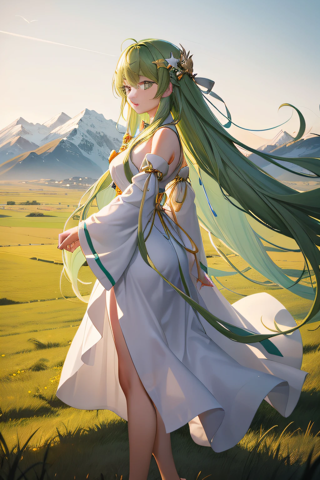 Green long hair,The ends of the hair dance in the wind,beautiful Girl,long white robe,Golden eyes,Stand sideways in the middle of the steppe,Dance your hands,Lush green grass dances in the wind,Golden particles of light surround it like the wind,The mountains loom in the distance,the night,dark blue sky,Several stars shine in the sky。