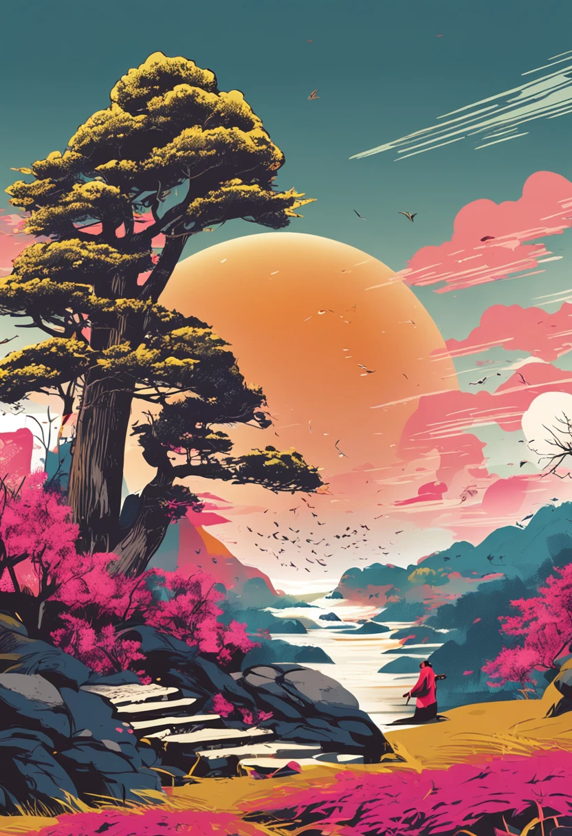 High-definition visual Chinese welcome pine，With landscape background，It presents a high-quality picture of a clear sky。