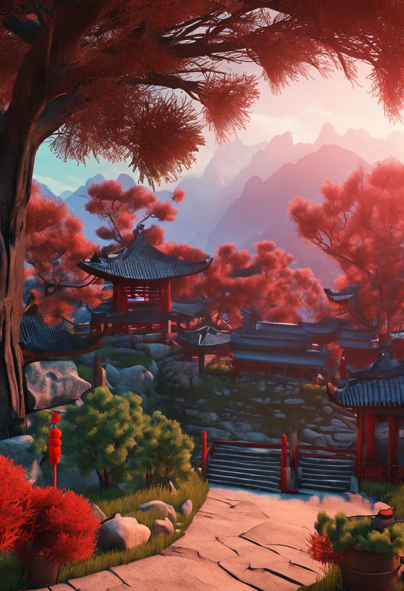 High-definition visual Chinese welcome pine,With landscape background,It presents a high-quality picture of a clear sky。