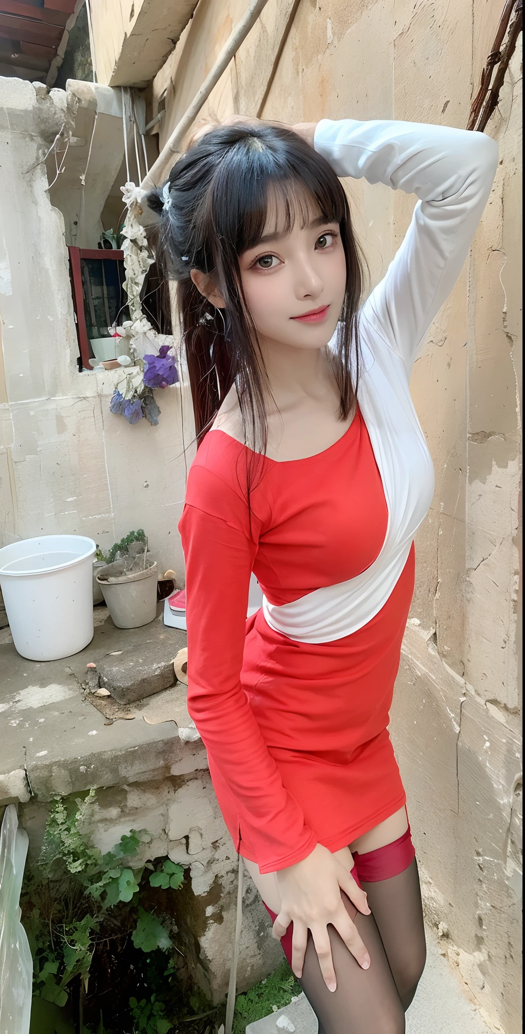 Top quality, Masterpiece, 超高分辨率, (Realistic, : 1.4), Original photo, (True skin texture: 1.3), (filmgrain: 1.3), in a panoramic view, Portrait, Very wide lens, Narrow waist, cowboy lens, (bangs, Inconspicuous, Cold light,) Night, Close-up, Tears, Short hair, neck long, ears sticking out, bangs, Big eyes, Brightly Colored Eyes, In the house, Dust, Tindall effect, (Facial expression), Sitting, (hitting a wall), Crying, Frowning, (Looking down), Nervousness, Tears, smiling happily
one girl, eyes and face with beautiful details, White jabot, pink dark V, Brown eyes,