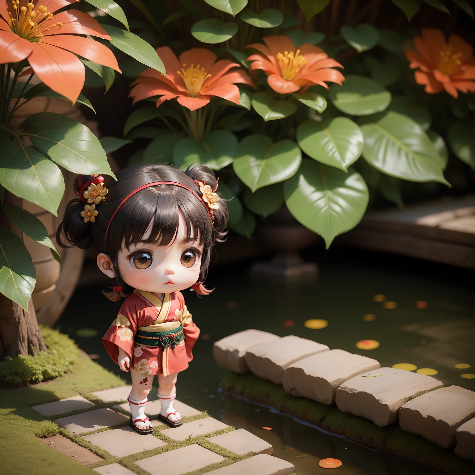 Cute Chibi Anime,Red and gold kimono,Japanese style hair ornaments,Standing,Joaquin Antonio Uribe Botanical Garden.