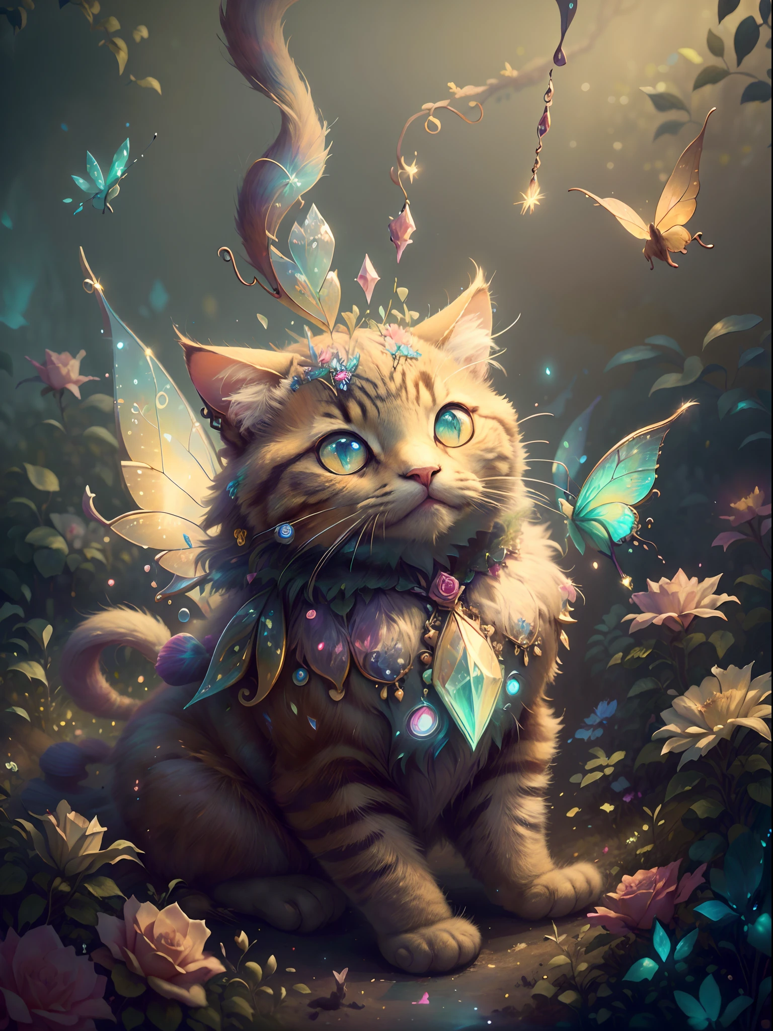 masterpiece, {{{best quality}}}, {{ultra-detailed}}, {illustration}, FairyTaleAI cat fairy, cinematic angle, {detailed light},cinematic lighting. A beautiful 3d spectral crystal flower, soft cat fairy, colorful butterflies flying around the rose