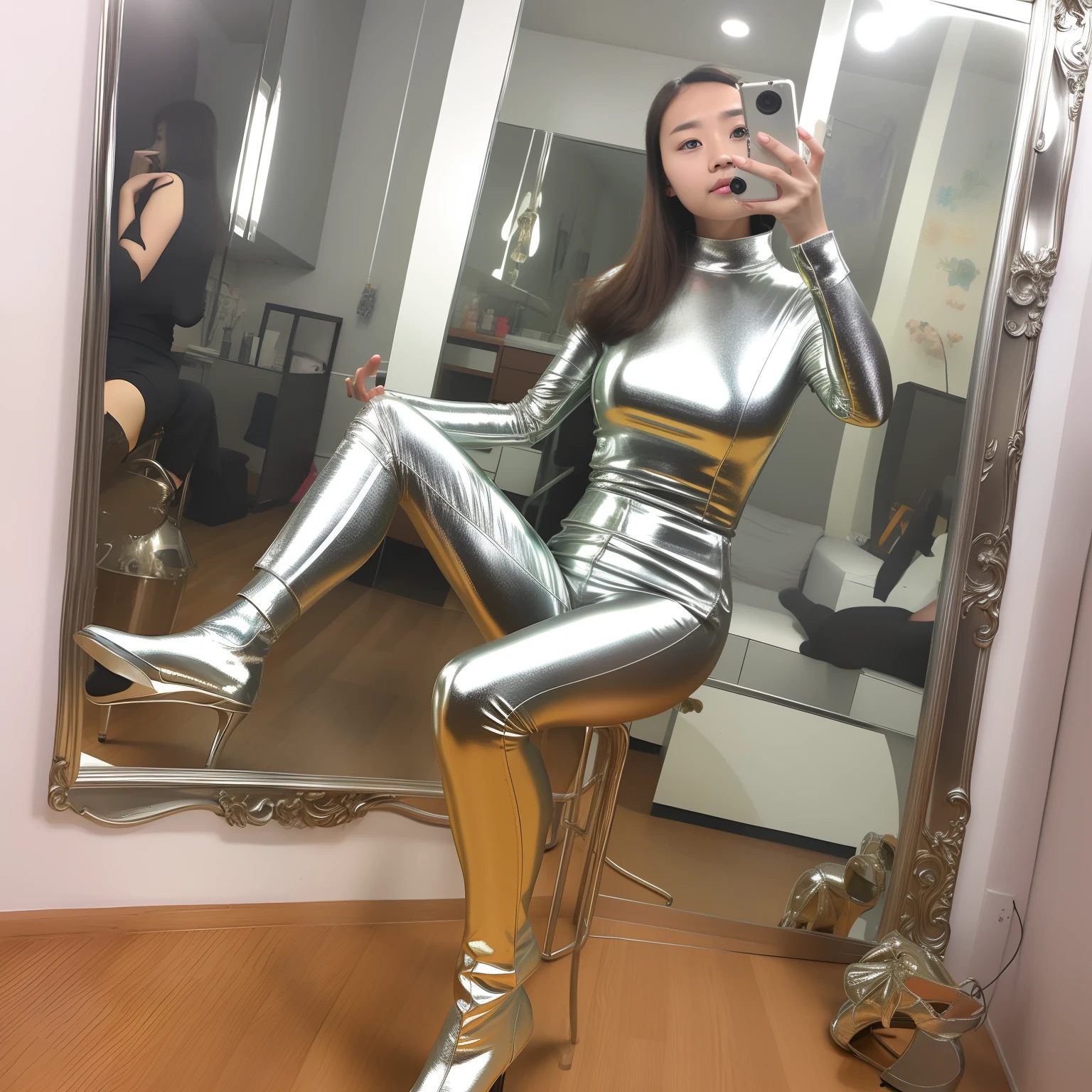 There was a woman sitting on the floor and taking a picture of herself with her legs cocked, chrome outfit, glowing with silver light, admiring her own reflection, very sexy outfit, metallic reflective, succubus in tight kilt, 8K)), dirty mirror, Shiny silver, low quality video, Mirror selfie, Shiny metal,lifting left arm,Expose the armpits。