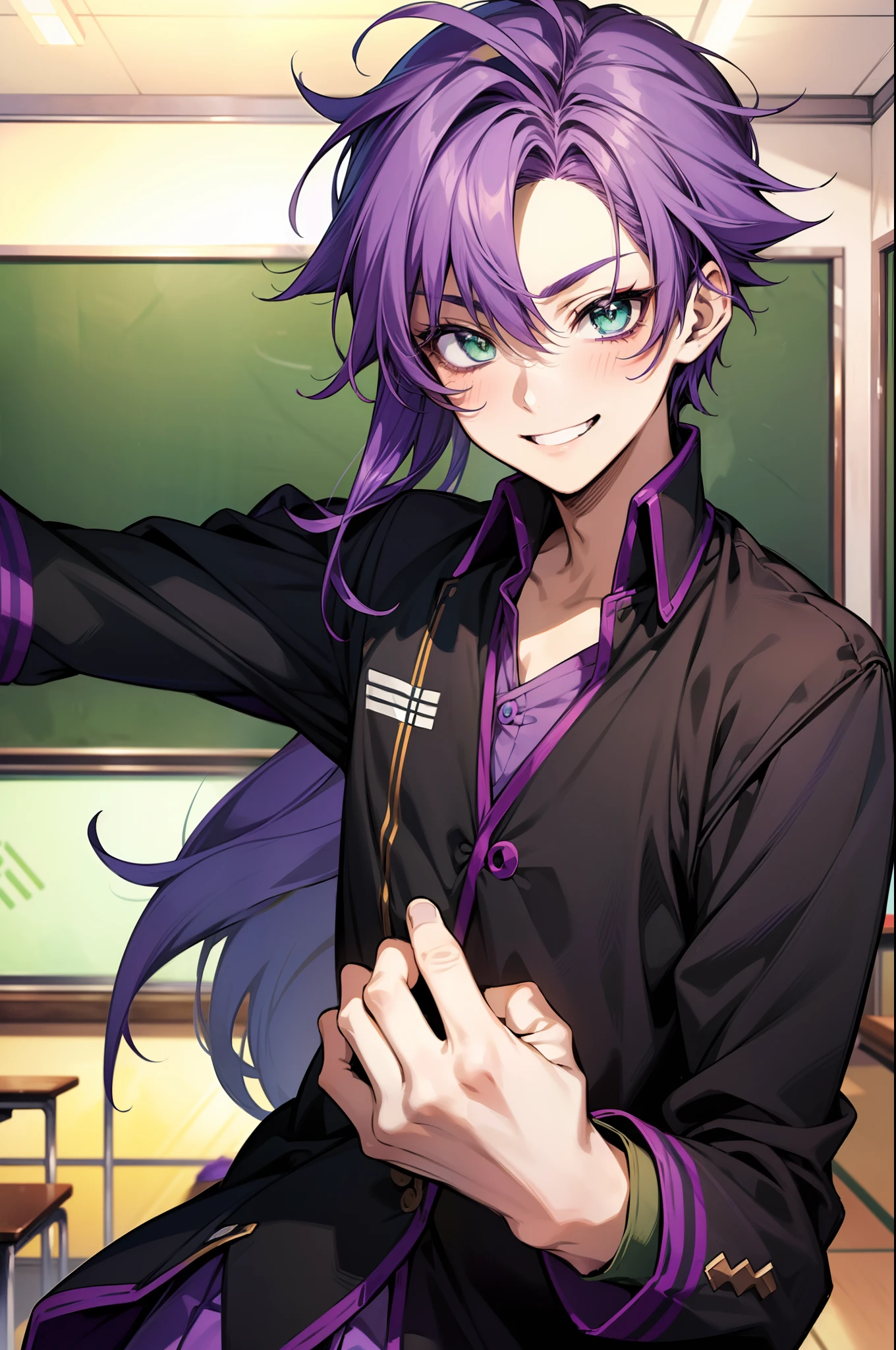 solo, (((anime boy with purple hair))), ((anime androgynous prince)), (green eyes), (playful smile), (athlete), (((black school uniform))), ((classroom in background)), ((high quality)), (extremely detailed)