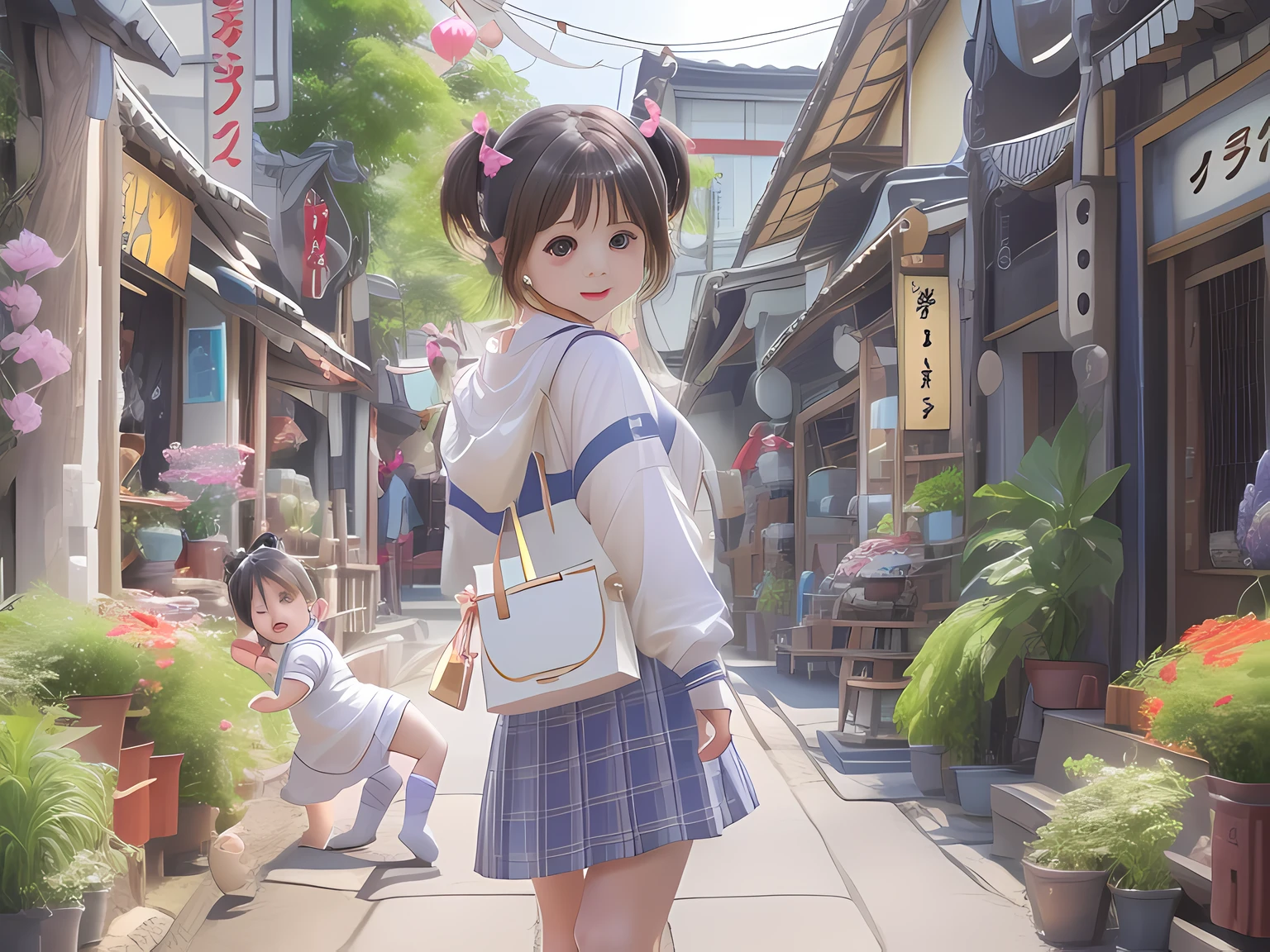 top-quality、超A high resolution、(photoRealstic:1.4)、Little girl、cute little、(详细的脸)、japanes、Light smile、Looking at the camera、Sunnyday、shopping street、blue-sky、Twin-tailed、a baby face、doress、full body Esbian、A dark-haired、teen ager、de pele branca、high socks、