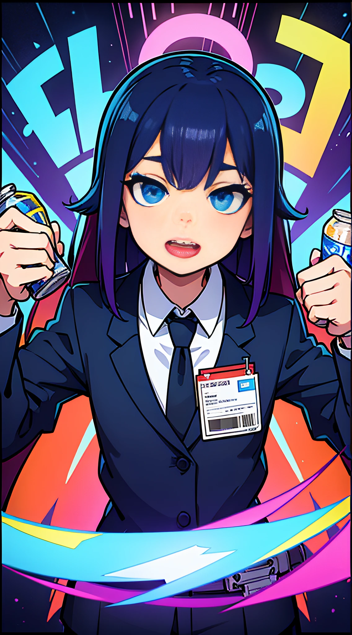 8k、high-level image quality、One man、systems engineer、overtime、Energy Drinks、Energy drinks、Neon Street、TOKYOcty、s Office、personal computers、keyboard、Cable cyberpunk、Vivid Color、Shadows are vivid colors、Clear expression、Clear eyes and nose、salaryman、officeworker、near future、Surrounded by liquid crystals、toil、neck tie、jaket、Clear contour lines、8K、Clear facial parts、Face is clearly visible、Employee ID card hanging from the neck、Anime Touch、Comic style、digital、Electromechanical、Acrobatic regime、Movie poster style、Vivid Color、Pop design、businessman、Shadows are vivid colors、Energy Drink、Cans of energy drinks are scattered、Capsule-type drug is placed on the tongue、Capsule-shaped drugs are scattered、Psychedelic colors、Psychopaths、The halo is pointing、God、Deities々Right、Vivid color for the entire screen、Clown makeup
