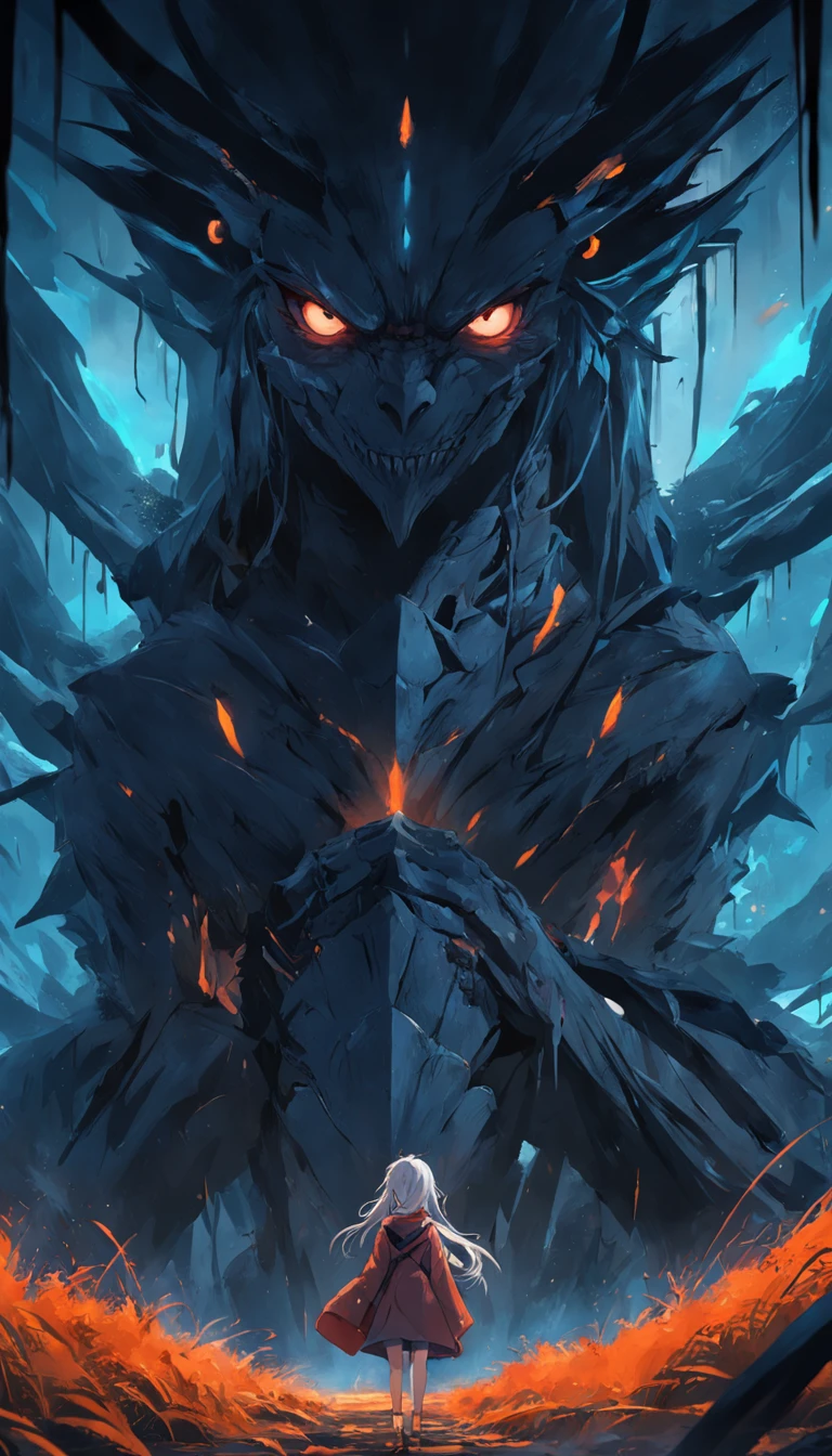score_9, score_8_up, score_7_up, from side, looking at viewer, kaiju No.8, dorsal spines, glowing cyan, scaled skin, muscular, hunched, sharp claws, fangs, mechanical parts,
dark aura, black background,