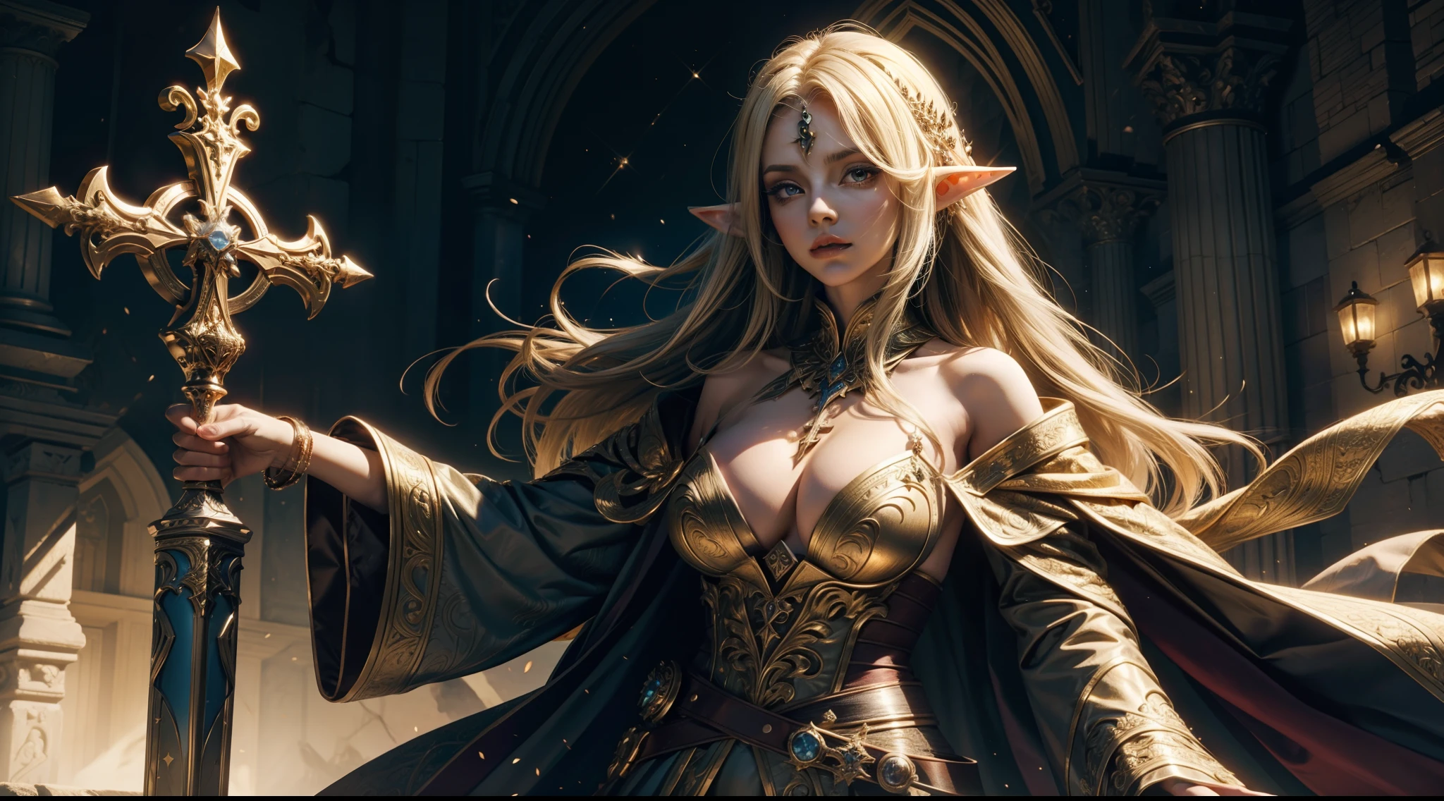 Female elf,Large breasts,magnificent robe,sceptre,dramatics,dynamicposes,The background is a mystery symbol,magia,Huge cross