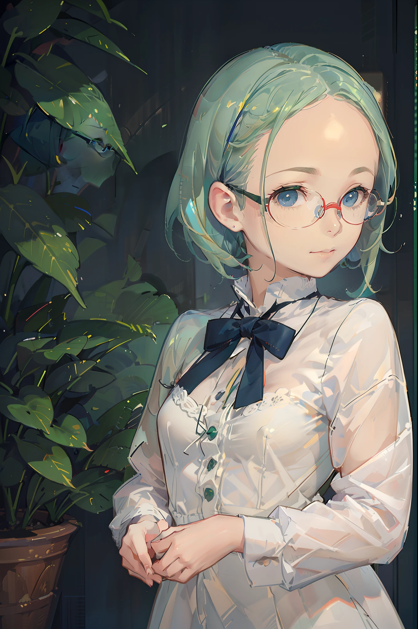 (Best quality), (masterpiece:1.3), (photorealistic:1.36), (realistic), ultra-detailed, 1mini girl, **** (not large tasty:1.4, Small breasts), (((deep blue eyes), (Pale green hair, Short hair, forehead, Small pigtails), (red-rimed circle-glasses))), front lighting, leaning,