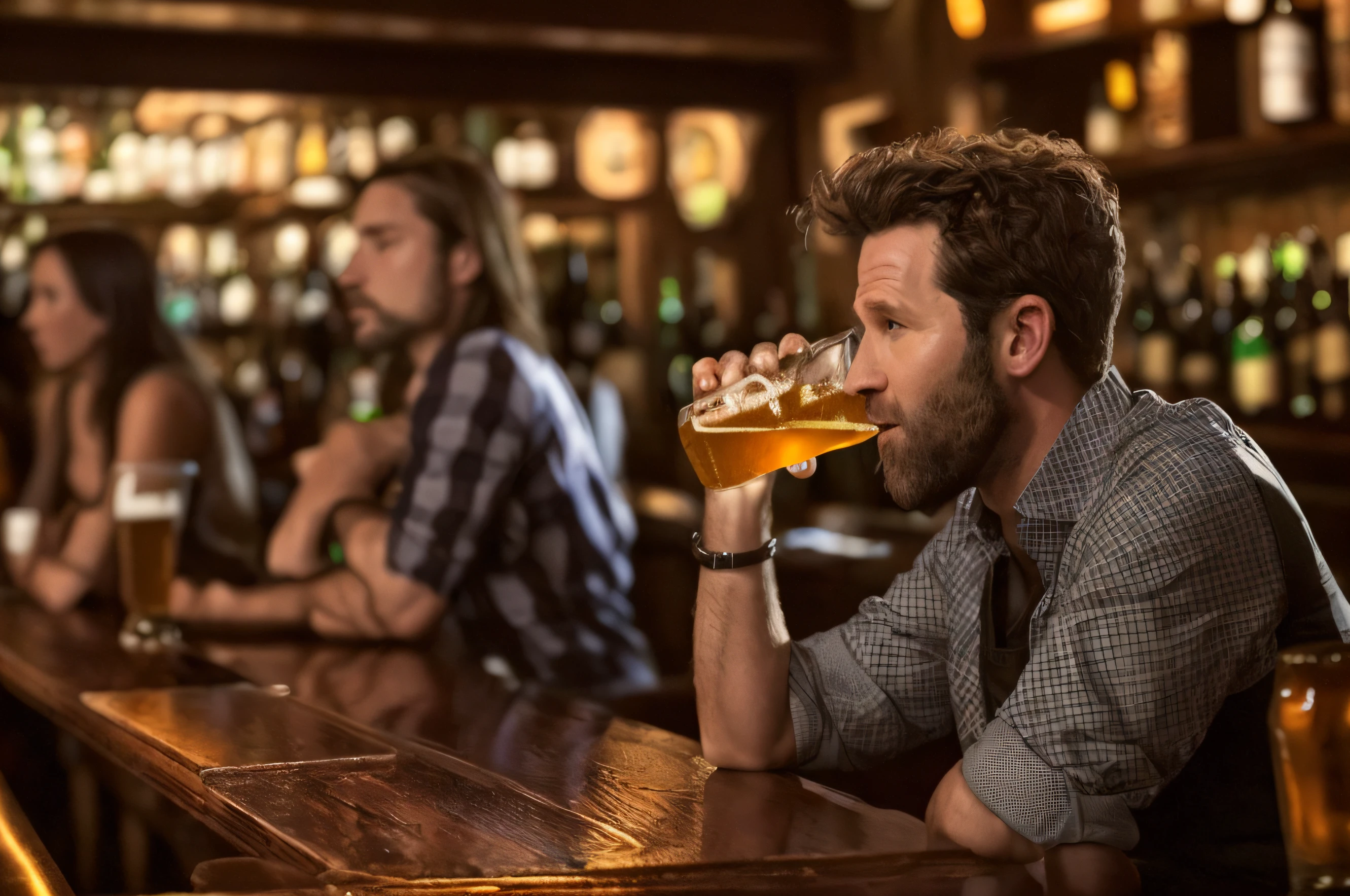 Eion Bailey drinking a beer in a bar with other people, assis seul dans un bar, Man drinking beer, boire au bar, drink a beer, drink beer, People who drink beer, assis dans un bar, assis au bar, dans un bar, drinking alcohol, dans un bar, a pint of beer sitting on a bar, Shutterstock, Holding beer