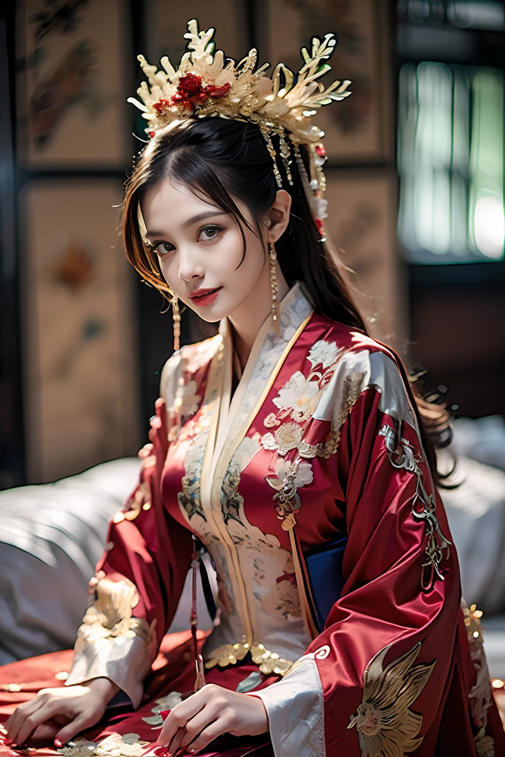 (ultra realistic 8k CG:1.2),perfect artwork,delicate pattern,intricate detail, (unparalleled masterpiece,best quality:1.2),(extremely intricate:1.2),a woman in a red and gold dress, Phoenix crown,hair stick,(sitting on red bed),Cosmetic,blush,shy,black_hair, looking down, Cosmetic,(forehead dot),(2 red candles), chinese_clothes, curtains, earrings, hair_ornament, hanfu, indoors, jewelry, red nails, long_sleeves, red dress, red lips, tassel, (Red quilt),(red palace:1.2),(ancient Chinese architecture),(red:1.8),night