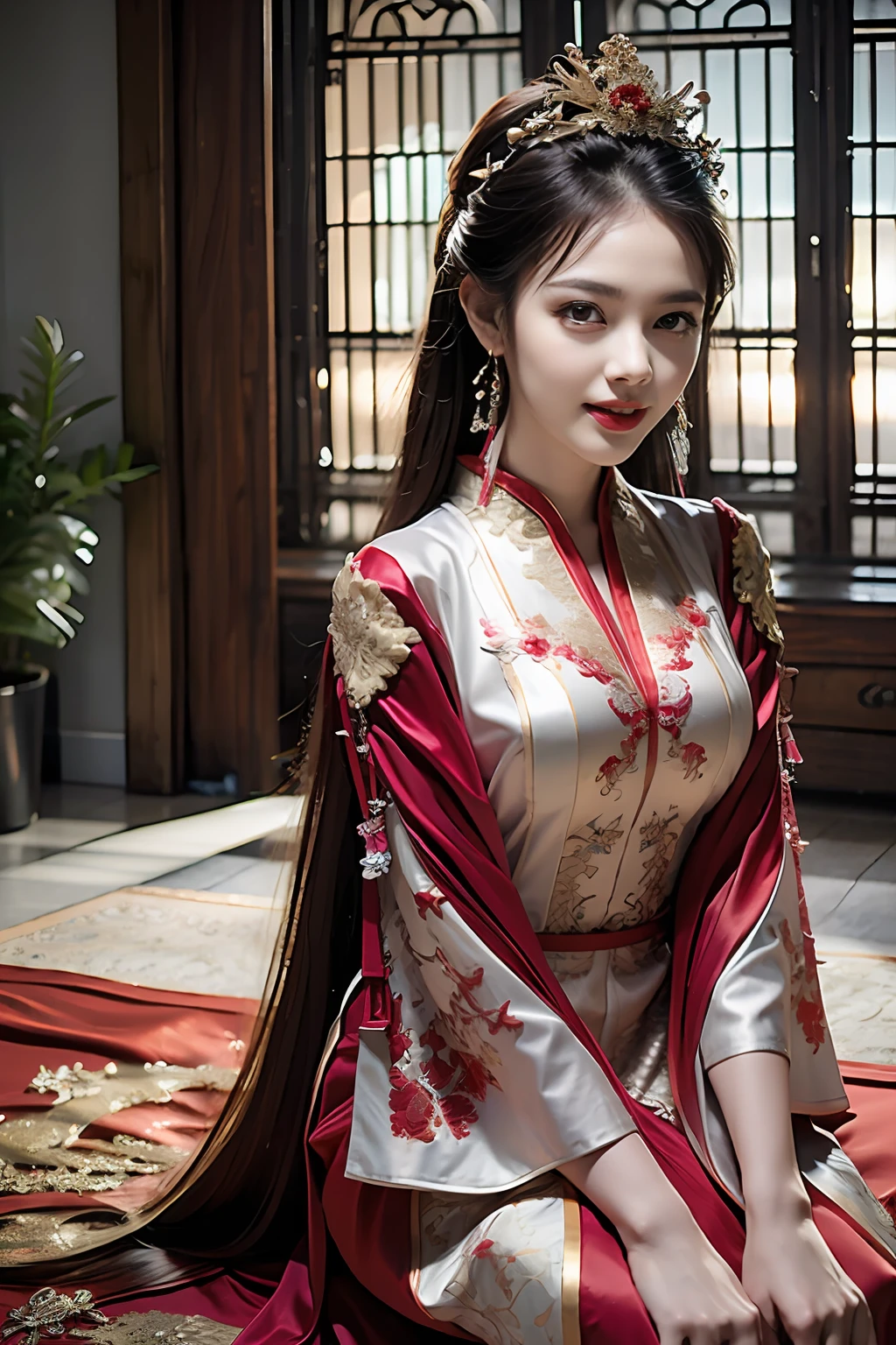 (Hyper-realistic 8K CG:1.2),perfect work of art,Exquisite pattern,Intricate details,(An unrivalled masterpiece,Best quality:1.2),(Extremely complex:1.2),woman in red and gold dress,Phoenix Coronet,Hairpin,(Sit on a red bed),cosmetic,blush,Very shy,Black_hair,look down,cosmetic,(Forehead Point),(2 red candles),Chinese_clothing,curtain,ear nipple ring,hair_decorate,Hanfu,inside the room, Jewel-like,Red nails,long_sleeve,Red Dress,Red lips,Nipple tassels,(Red quilt),(red palace:1.2),(Chinese Ancient Architecture),(rot:1.8),night,Perfect hands