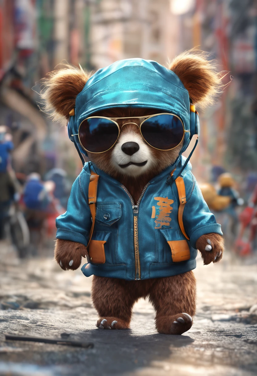 Perfect centering, Cute little bear, Wear a student team jacket, Wearing sunglasses, Wearing headphones, cheerfulness, Standing position, Abstract beauty, Centered, Looking at the camera, Facing the camera, Approaching perfection, Dynamic, Highly detailed,  Smooth, Sharp Focus, 8K, hight resolution, Illustration, art by carne griffiths and wadim kashin, White background