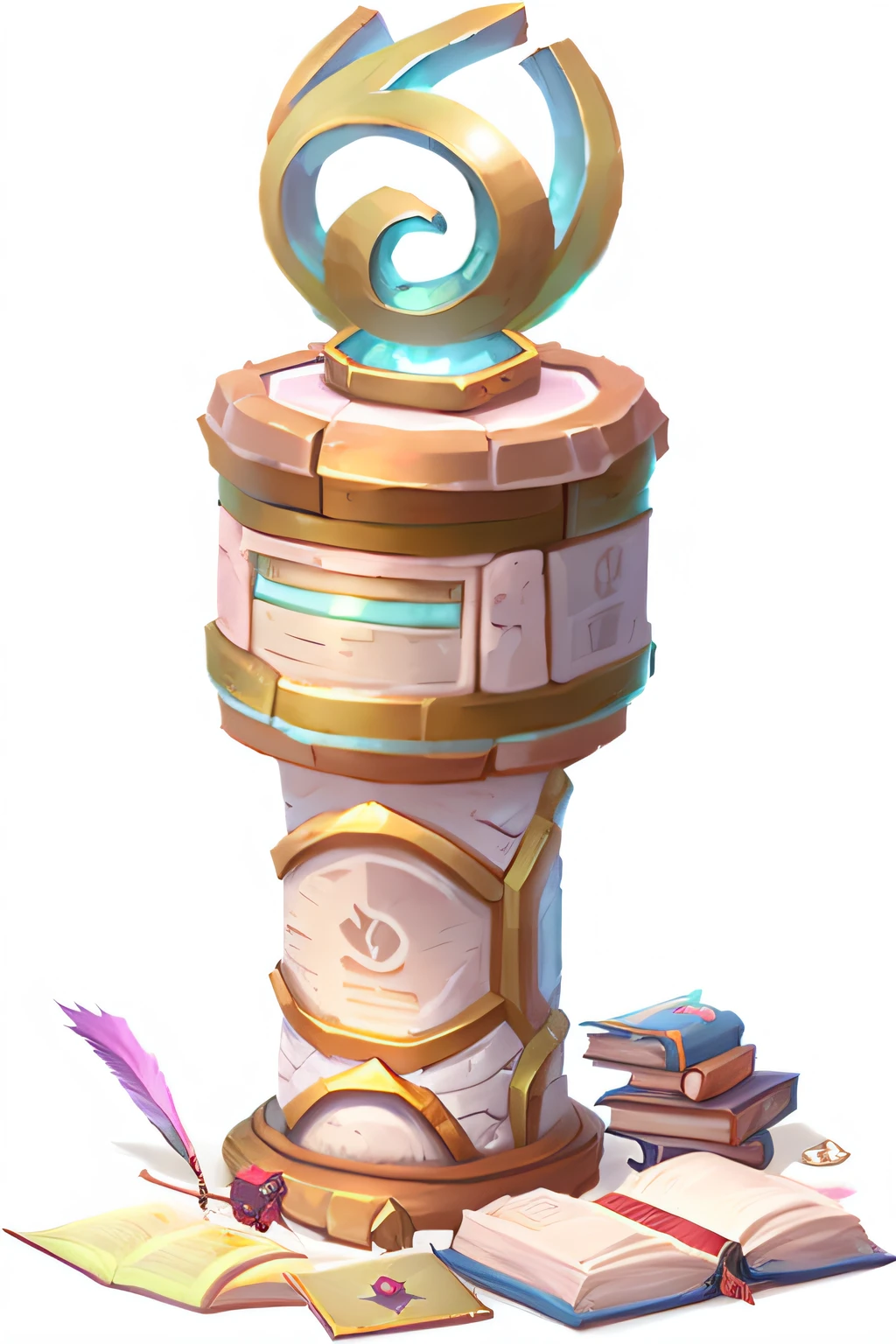 Cartoon image of the table,There is a book and a lamp on it, concept art magical highlight, heartstone original art style, Stylized concept art, Stylized game art, arte de fundo, object concept art, arcane art style, Detailed game art, pillar, stylised painting, game assets, stylized material bssrdf, game texture