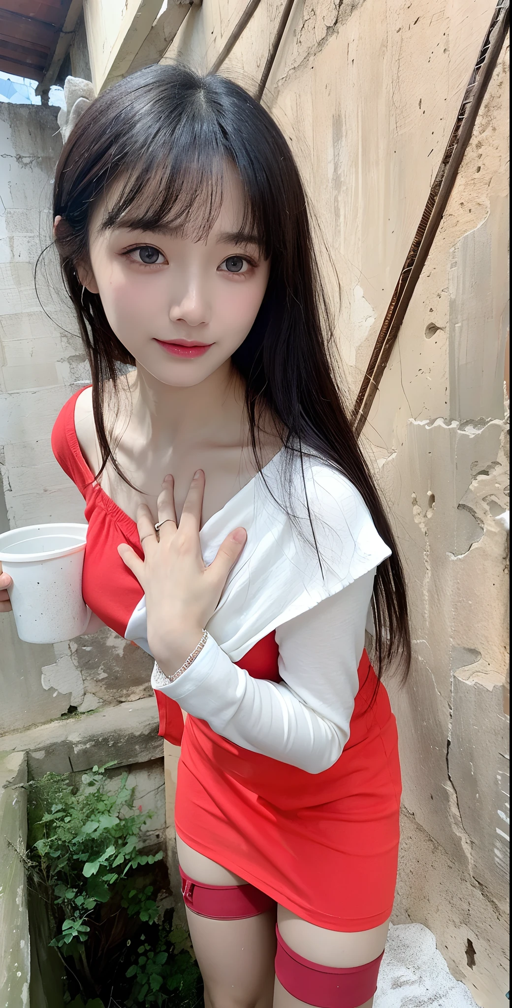 Top quality, Masterpiece, 超高分辨率, (Realistic, : 1.4), Original photo, (True skin texture: 1.3), (filmgrain: 1.3), in a panoramic view, Portrait, Very wide lens, Narrow waist, cowboy lens, (bangs, Inconspicuous, Cold light,) Night, Close-up, Tears, Short hair, neck long, ears sticking out, bangs, Big eyes, Brightly Colored Eyes, In the house, Dust, Tindall effect, (Facial expression), Sitting, (hitting a wall), Crying, Frowning, (Looking down), Nervousness, Tears, smiling happily
one girl, eyes and face with beautiful details, White jabot, pink dark V, Brown eyes,