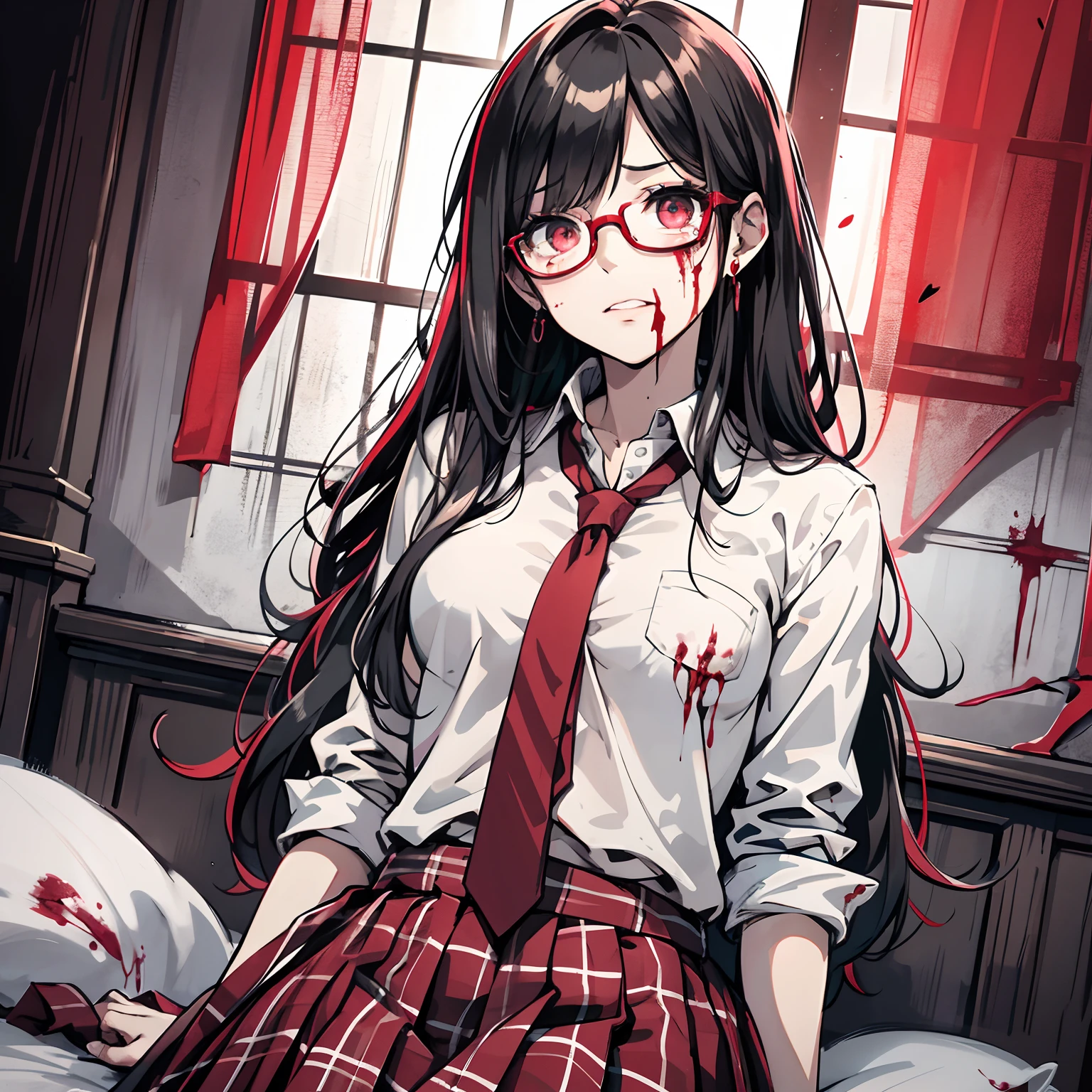 Ridiculous resolution，A high resolution，（tmasterpiece：1.4），Hyper-detailing，Red Long Hair, 1girll, glasses, Solo, red color eyes,, white necktie, Pleated plaid red skirt, school uniform, Zombie role-playing，Cosy room（1.2），Zombie apocalypse，Zombie outbreak，There is blood on the head（1.2），The expression of grievance and crying