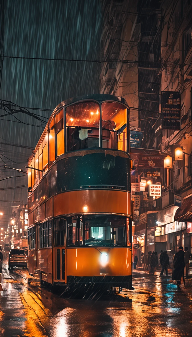 Alafi controlled the tram through the night rain，Illuminate the busy and damp city streets。rainy night city street，The rainy city streets glow mysteriously under the orange street lamps。Trams weave through the streets，Make the city lively at night like movie lighting。