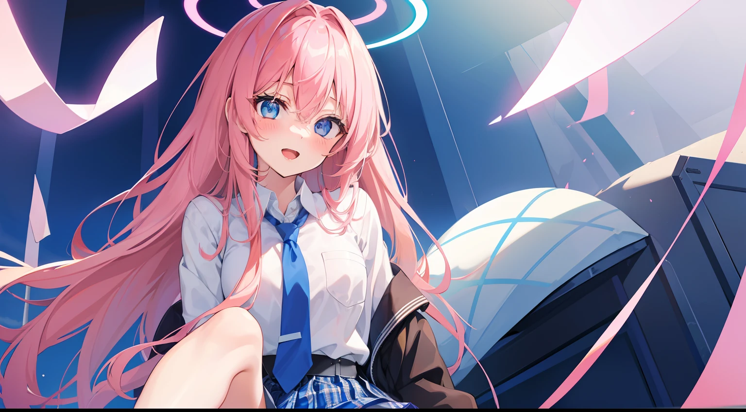 1girl, hoshino (blue archive), solo, heterochromia, pink hair, skirt, long hair, necktie, ahoge, shirt, halo, plaid skirt, blue eyes, plaid, looking at viewer, white shirt, sitting, orange eyes, chest harness, harness, long sleeves, id card, open mouth, very long hair, collared shirt, smile, blue necktie, bangs, feet out of frame, between legs, hand between legs, blush, hair between eyes, highres,masterpiece, best quality