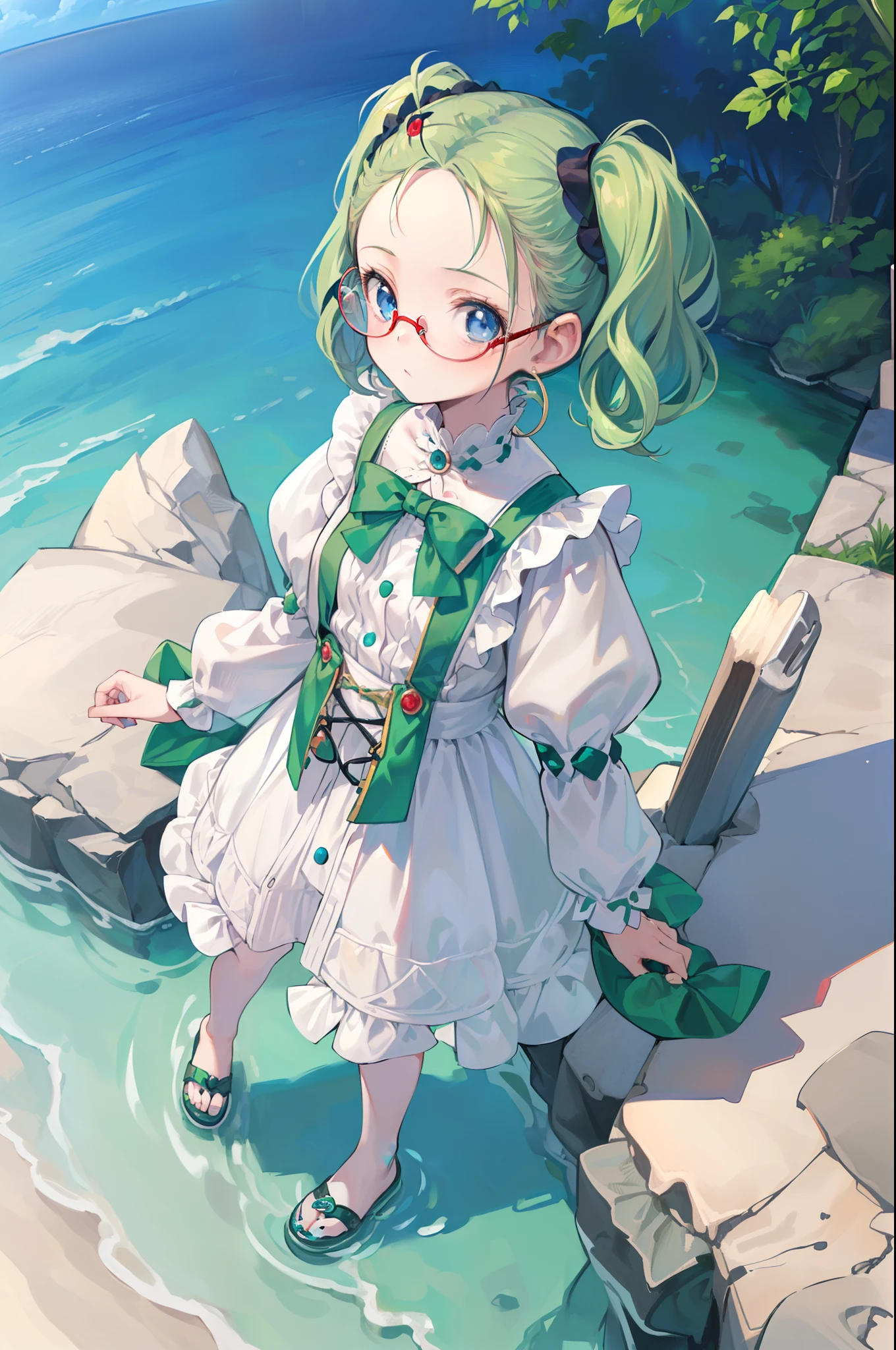 (Best quality), (masterpiece:1.3), (photorealistic:1.36), (realistic), ultra-detailed, 1mini girl, Loli (not large tasty:1.4, Small breasts), (((deep blue eyes), (Pale green hair, Short hair, forehead, Small pigtails), (red-rimed circle-glasses))),  front lighting, leaning,