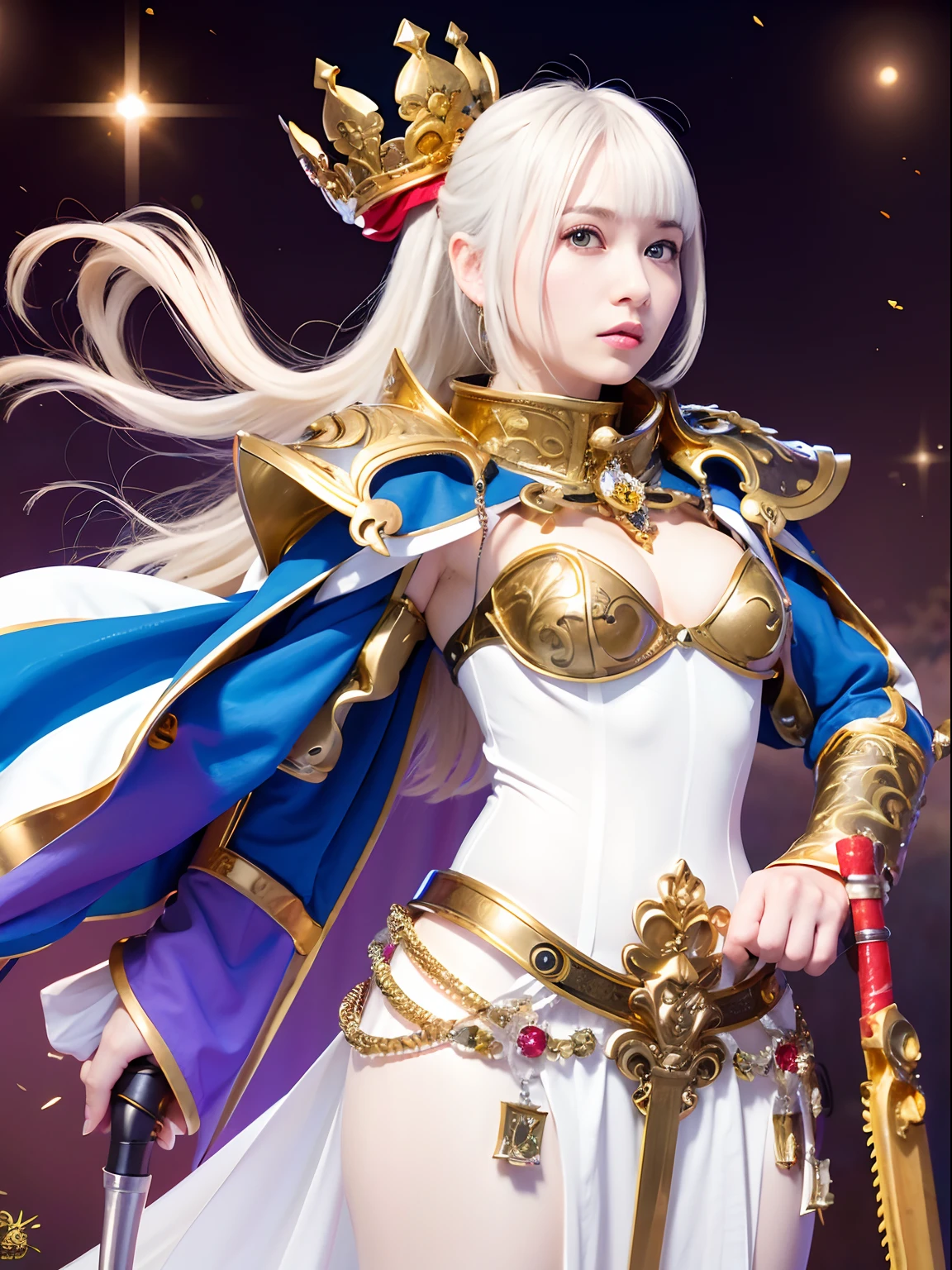 (masutepiece), Professional , masterpiece、top-quality、photos realistic , depth of fields (Gemstone White Metal Body:1.9),(Matte White、Jewel Gold Weapon(Jewel Metal Body:1.4),Gorgeous metal weapons ,(( Detailed and gorgeous sword of the brave)) , Beautiful knife ,warhammer 40k , adepta sororitas,Detail and ornate jewel crown、((Micro Bikini Armor))、((Gangle's forest background))、Beautiful Caucasian beauty、1a person、dynamic ungle,(((Detailed and ornate diamond crown)))、Smaller head、A smile、Background inside the castle、Thin and beautiful female hands、cleavage of the breast、Soldier in iron armor on background、Mystical expression、Light Effects、intense fighting、Wind-effect、magic circles、With the legendary magic wand、(wings of light)、Toostock、Toostock、
