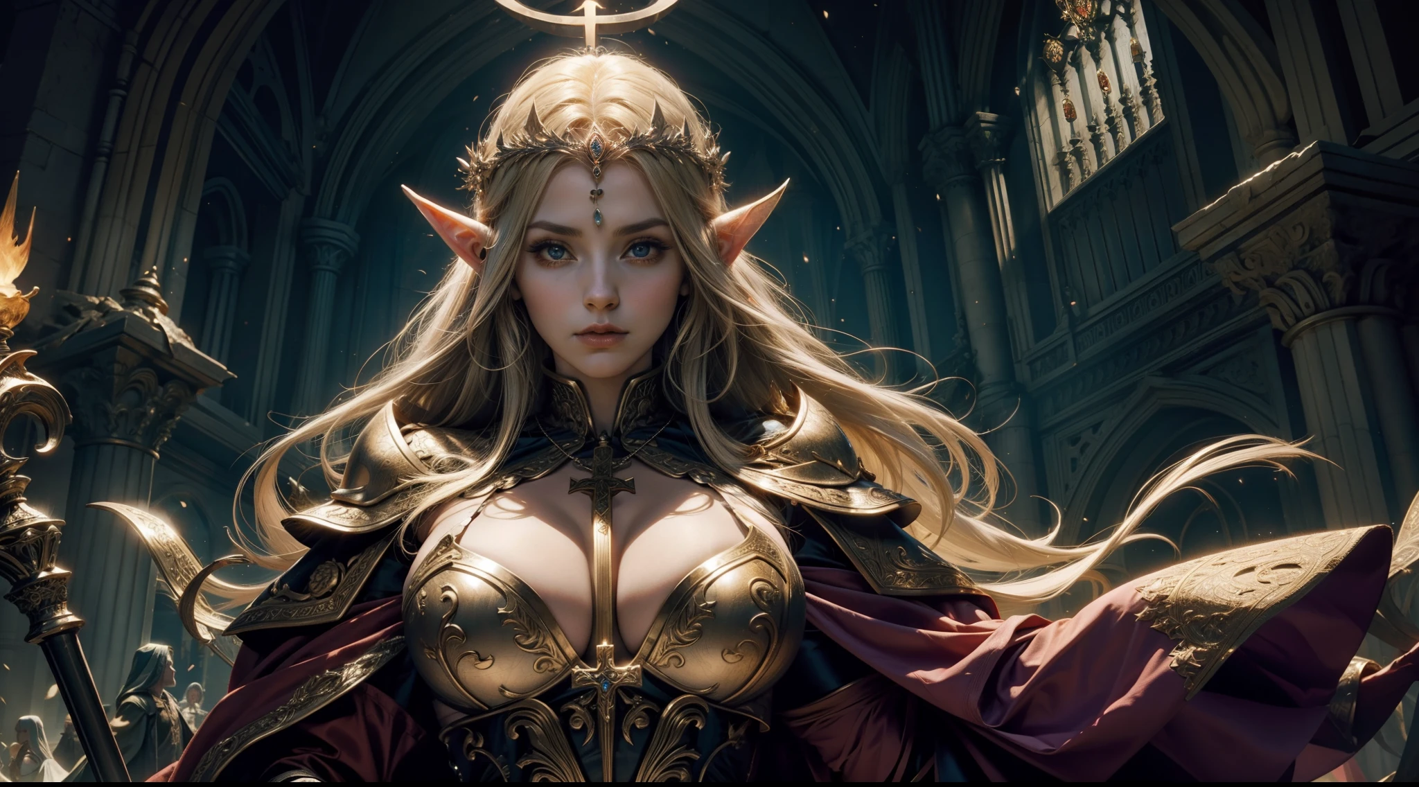 Female elf，Large breasts，magnificent robe，sceptre，dramatics，dynamicposes，The background is a mystery symbol，magia，Huge cross