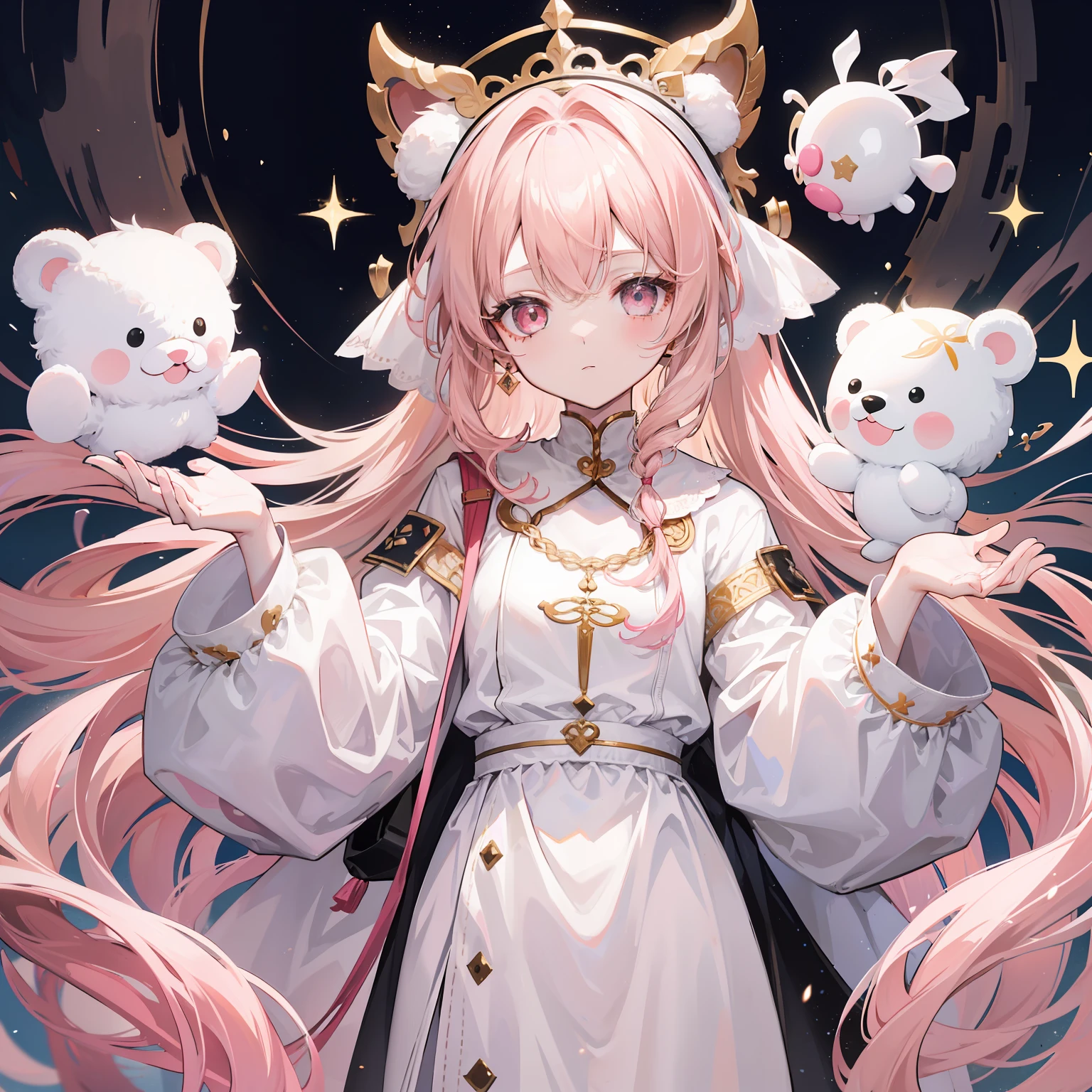 The title of Douluo Continent with multiple pale pink soul rings，It's Sister Lori，Light rice and cream white color scheme，light-brown long hair，baggy clothes，Known as the Muppet Bear Puppeteer，It's a cute and cute girl，